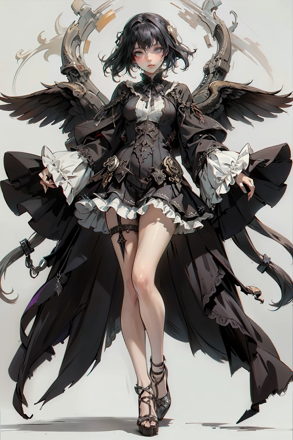 ((best quality)), ((masterpiece)), (detailed), blank white background, plain background, white background, Bloodborne inspired, occult aesthetic, occult, detailed and intricate steampunk and detailed gothic, NSFW, Very dramatic and cinematic lighting, cosmic horror, grim-dark, side-lighting, perfect face, NSFW, Fluttering lace flared long knee length dress with frilly petticoats, knee length dress, pleated petticoats, lolita dress, petticoats gothic lolita, side-lighting, gothic lolita aesthetic, beautiful small breasts, small breasts, full body, whole body, body, plain background, white background, blank background, no background, white background NSFW, full body, whole body, head-to-toe