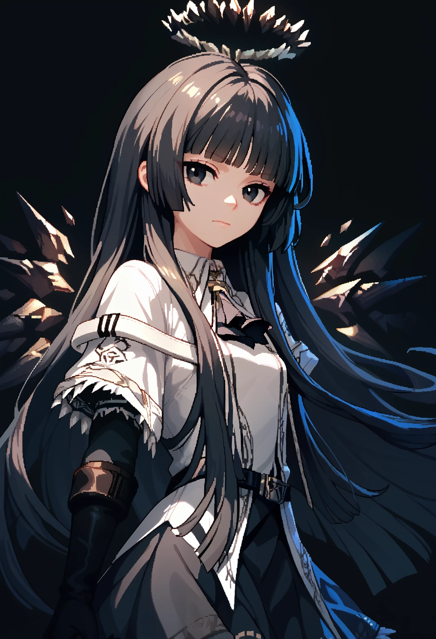 (score_9, score_8_up, score_7_up), (pixel art), 1girl, VirtuosaBase, black eyes, long hair, hime cut, broken halo, black ascot, white shirt, capelet, black sleeves, black gloves, belt, black skirt, energy wings, looking at viewer, upper body, zoom out, small breasts, neutral, calm, closed mouth, portrait, black background, eerie