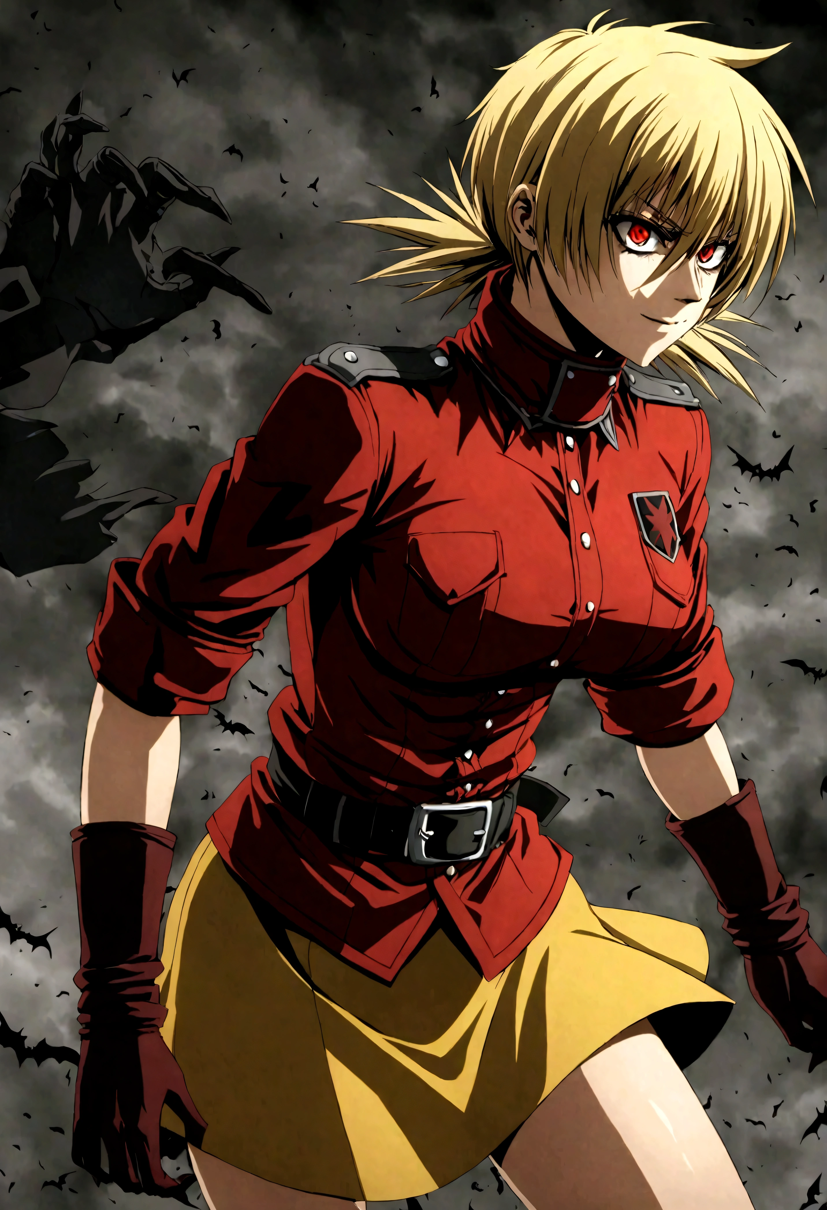 (masterpiece, top quality, best quality, official art, beautiful and aesthetic:1.2), (1girl, solo), extreme detailed,(Victoria Seras, blond short hair, short back twintails, red eyes, Hellsing anime, Vampire, Hellsing uniform, (yellow military uniform), skirt, wide Rolled up sleeves, Chevron, black belt),colorful,highest detailed,((full body)), fighting, brawl pose, have angry and happy face expression, berserk