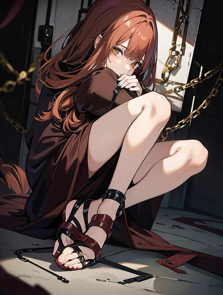 Masterpiece, best quality, (very detailed CG unified 8k wallpaper) (best quality), (best illustration), (best shade) 1girl, anime woman, sitting on a chain with her legs crossed, the anime woman is crouching, shackled in the void, in a prison cell, seductive anime girl, chainsaw man, makima, brown clothes, restrained, long light red/pale auburn hair, kept in a loose braid with bangs reaching just past her eyebrows and two longer side bangs that frame her face. Her eyes are yellow with multiple red rings within them