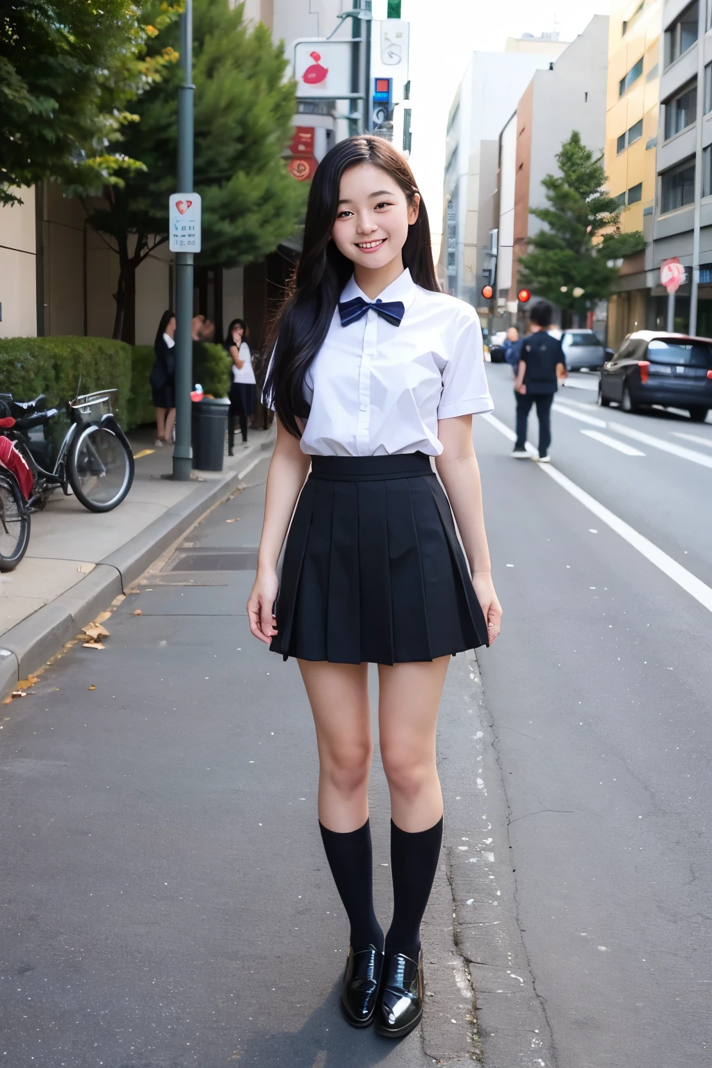 In the city with no one、Japanese high school girls、Long black hair、Cute Face、Uniform Mini Skirt、Full body portrait、Smiling