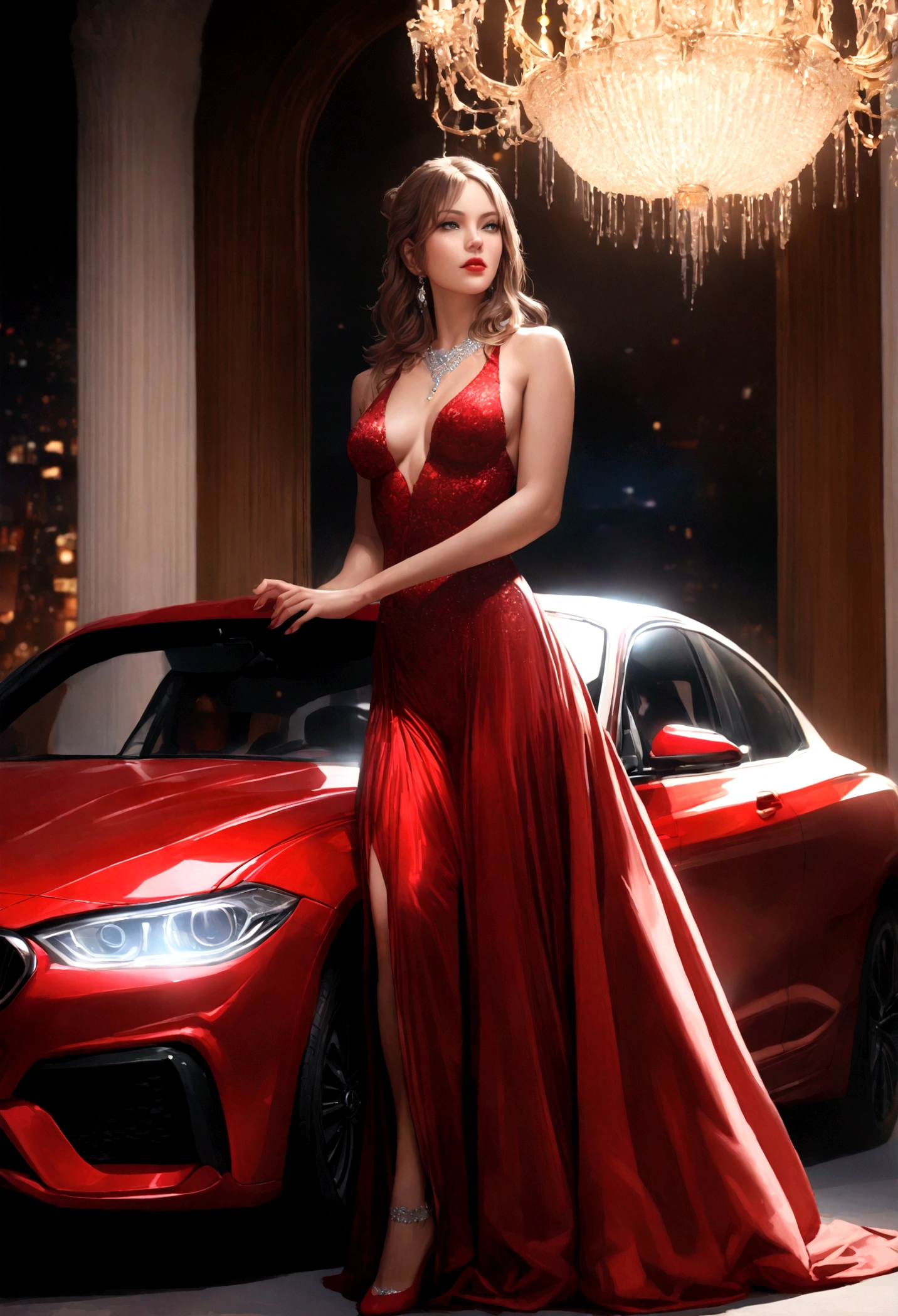 a sexy woman in a tight red dress, beautiful detailed eyes, beautiful detailed lips, extremely detailed eyes and face, long eyelashes, woman posing in front of a red BMW car, (best quality,4k,8k,highres,masterpiece:1.2),ultra-detailed,(realistic,photorealistic,photo-realistic:1.37),high-quality, photorealistic, intricate details, vibrant colors, cinematic lighting, luxury, fashionable, elegant, alluring