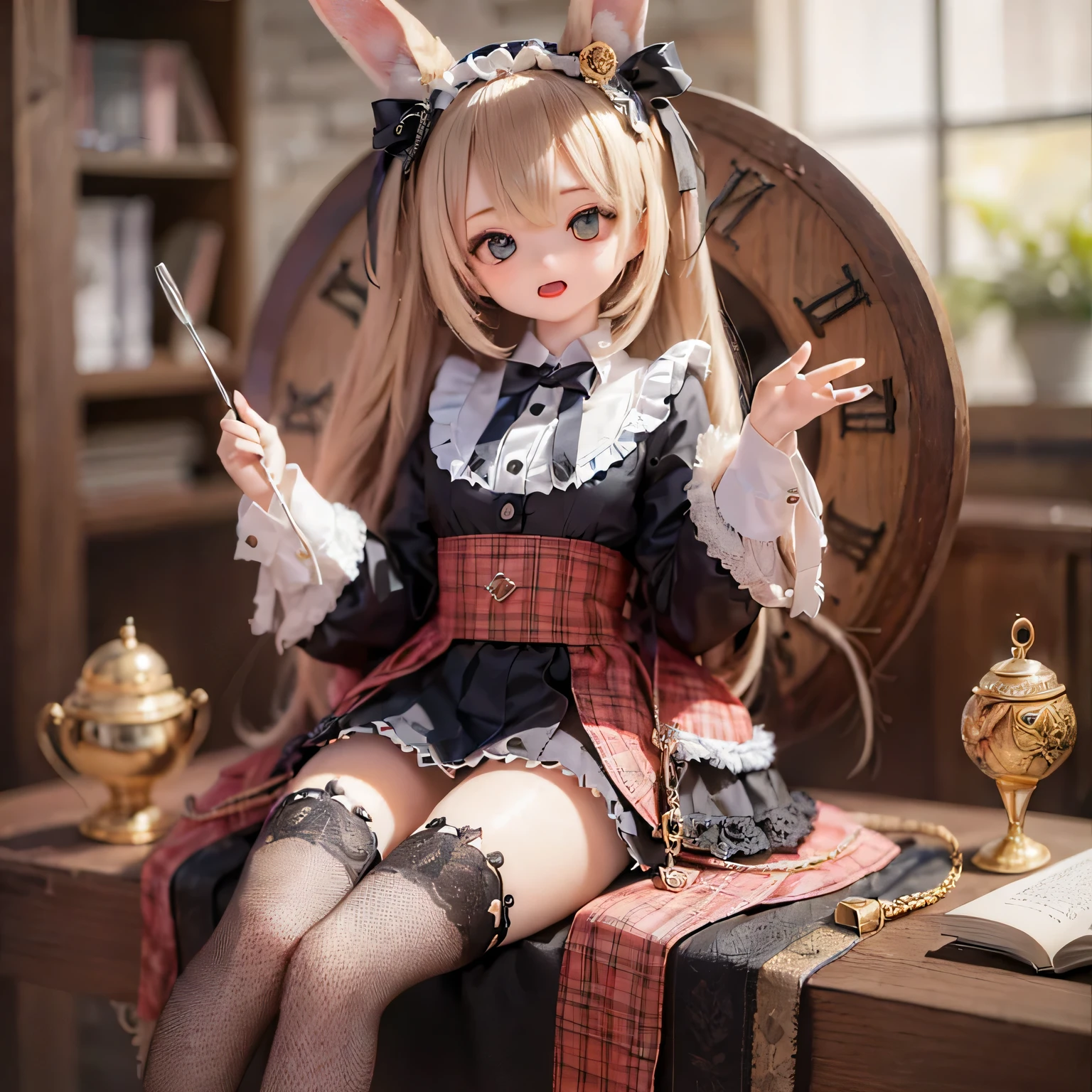 The rabbit girl is holding a big clock with Alice_Wonderland
