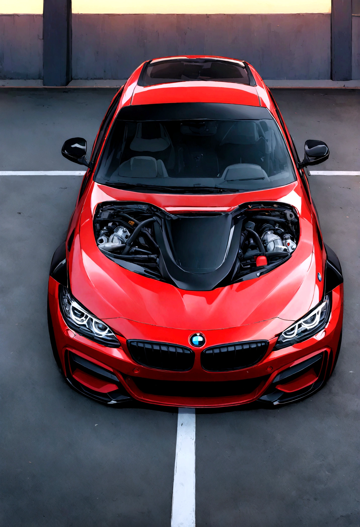 chica sexy vestida de rojo con un vestido ajustado con un auto bmw rojo de fondo.