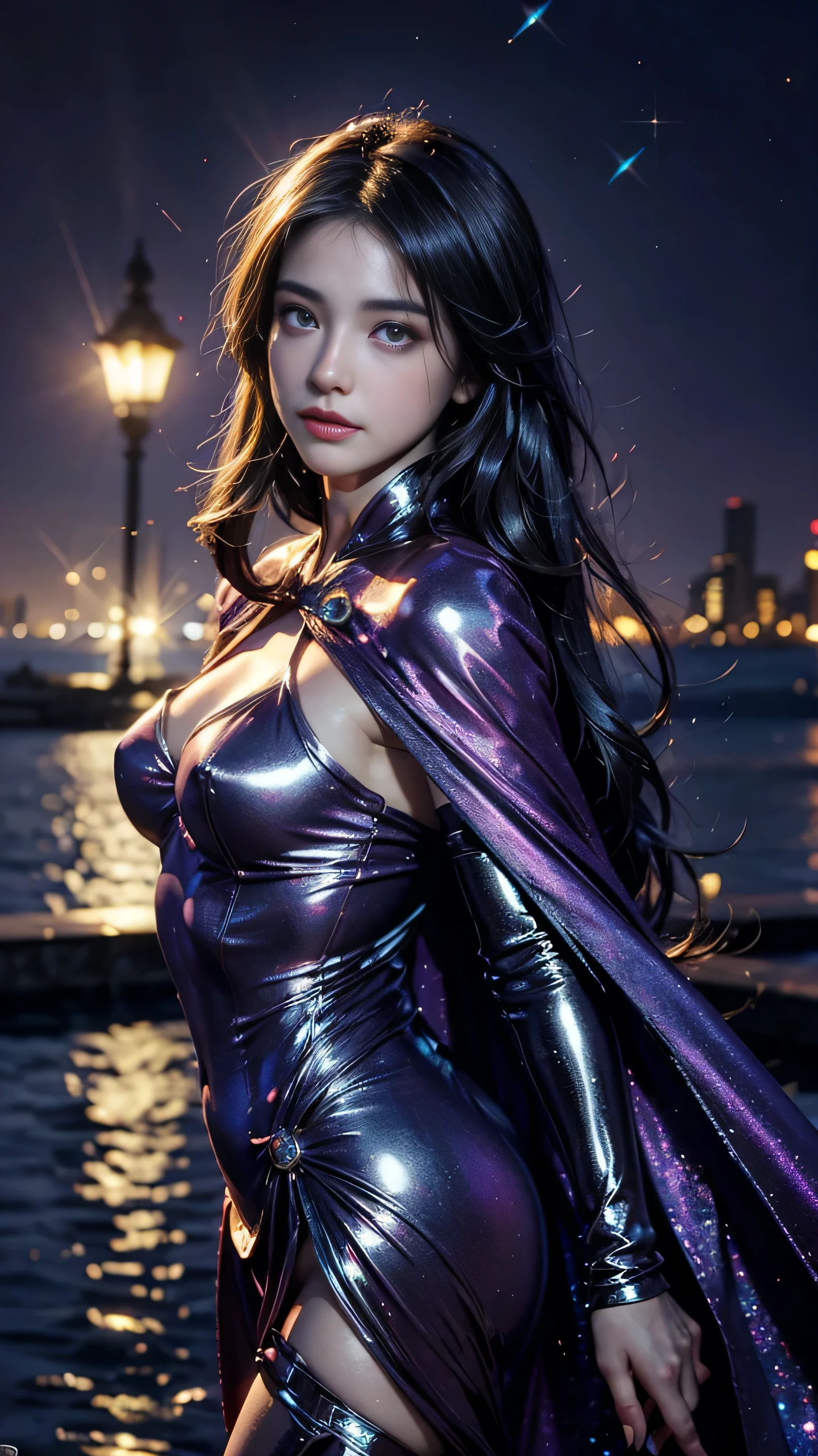 4k, ultra hd, masterpiece, 1 girl, good face, ((detailed eyes)), very long hair, impressive hairstyle, perfect brasts, fantasy cosplay, purple cosplay, cape, night city, building, lamps, depth of field, reflection light, sparkle,