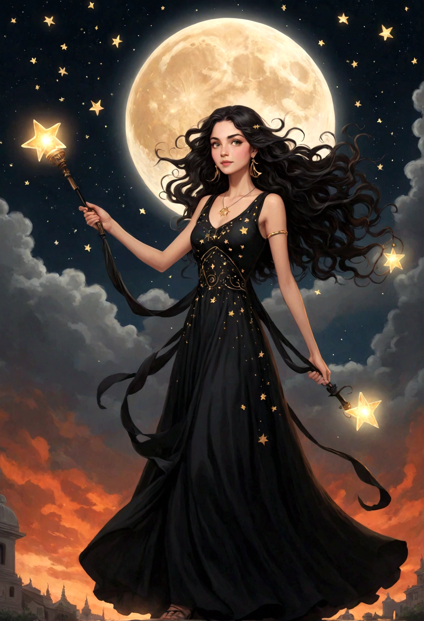 Um desenho representando uma garota com longos cabelos pretos e cacheados, wearing a long black dress decorated with stars and moon symbols. Ela tem olhos vermelhos radiantes e um sorriso maligno. She holds in her hand a long, espada afiada coberta de sangue. All around them are shooting stars, black clouds and broken solar lamps..