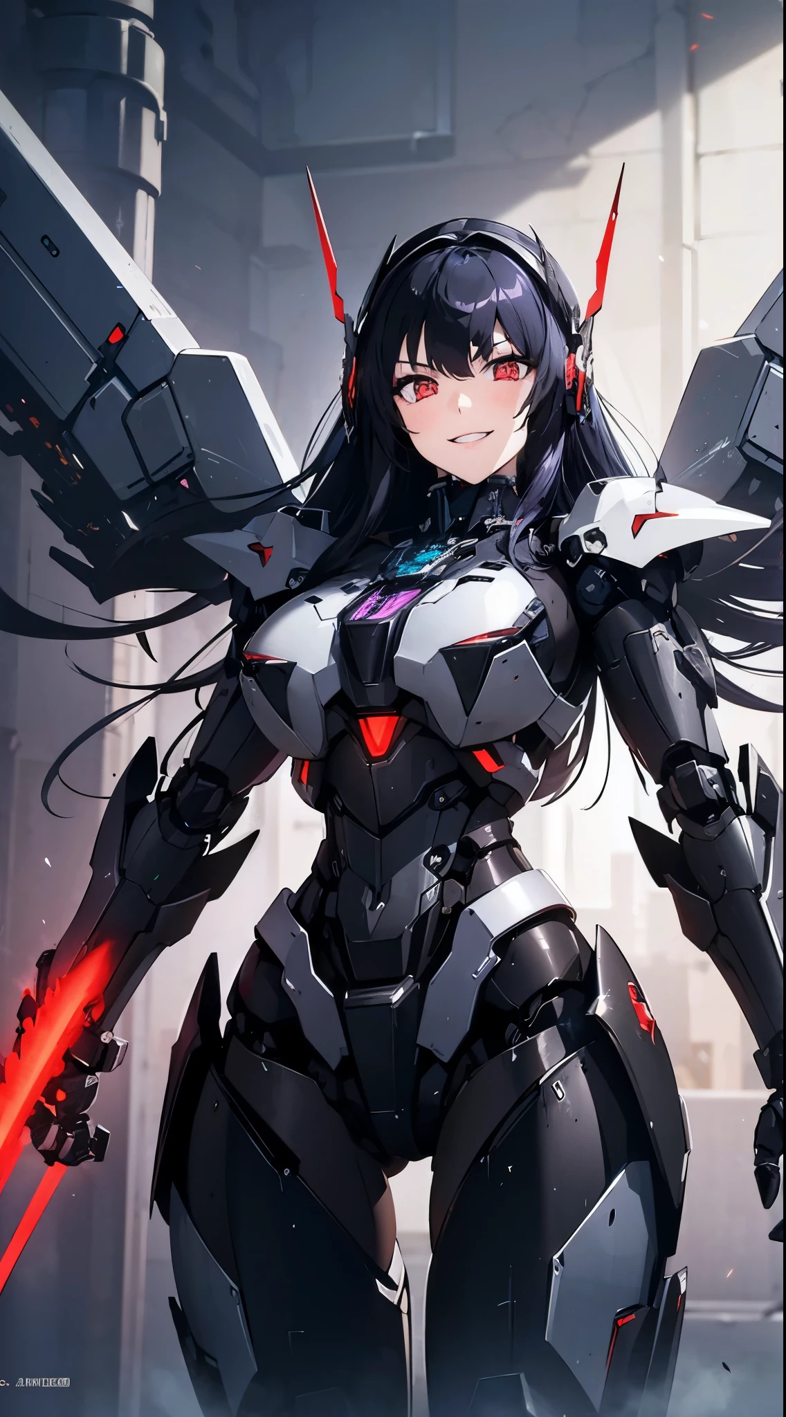 Machine eyes glowing red、evil smile