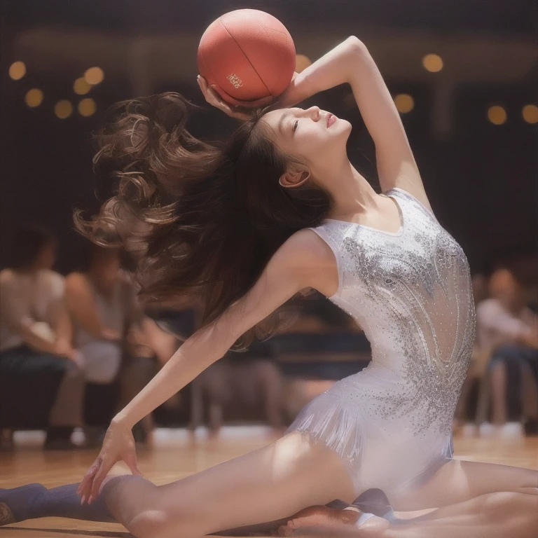 Photo-realistic quality、20 year old rhythmic gymnast balancing a ball on her head while sitting on the floor,  wearing leotard,  Perfect Dynamic Pose, Perfect Dynamic Posture, Very artistic pose、Eyes closed、Cute smile、A soft and gentle look