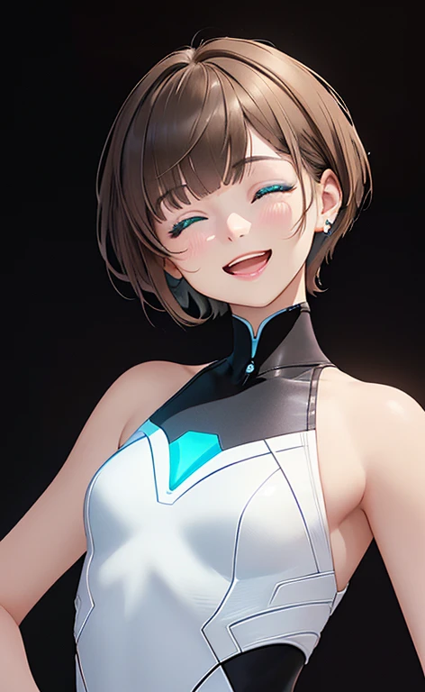 (Photorealistic:1.4)、(,20-year-old:1.5),(masterpiece、Blue lens flare:1.5、spot light:1.2、Exquisite beautiful eye:1.5,portlate),(kind eyes、tareme:1.9),()、Cute Face、 3D Face、(light brown hair:1.5)、(short hair:1.5),(sidelock :1.5),(blunt bangs:1.3),(1 woman)、(aqua eyes:1.2)、(upper body:1.5)、(happy smile:1.5)、(),(head tilt) ,(Cute face:1.2),(medium breasts),(),kind face,(pink Bodysuit with open chest1.5),(black background:1.5)、()、()、 Neat and clean、Adorable、Demure,Slim Body(),Shiny Hair、()、Nijisketch,Manga,blacklight