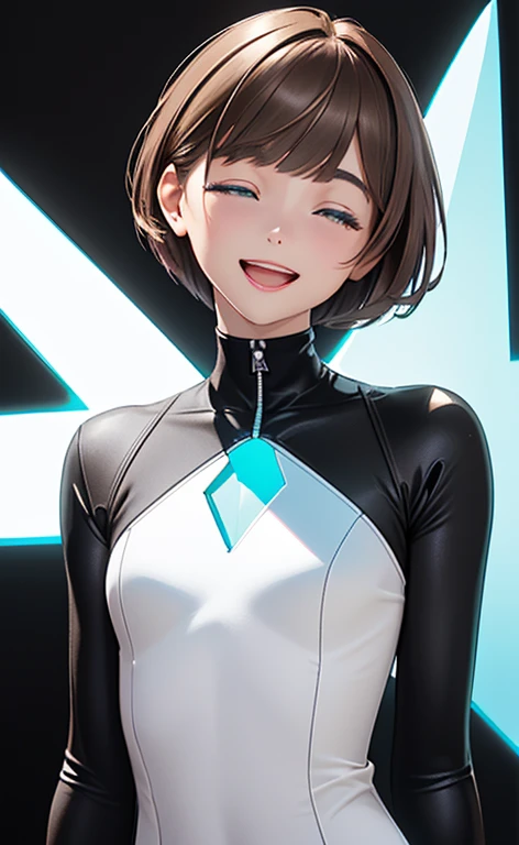 (Photorealistic:1.4)、(,20-year-old:1.5),(masterpiece、Blue lens flare:1.5、spot light:1.2、Exquisite beautiful eye:1.5,portlate),(kind eyes、tareme:1.9),(Black light:1.5)、Cute Face、 3D Face、(light brown hair:1.5)、(pixie cut:1.5),(sidelock :1.5),(blunt bangs:1.3),(1 woman)、(aqua eyes:1.2)、(upper body:1.5)、(Open mouth happy smile:1.5)、(closed eyes:1.3),(head tilt) ,(Cute face:1.2),(flat chest),(),kind face,(white Bodysuit with (star shape cut out1.5)),(black background:1.5)、()、()、 Neat and clean、Adorable、Demure,Slim Body(),Shiny Hair、()、Nijisketch,Manga,blacklight