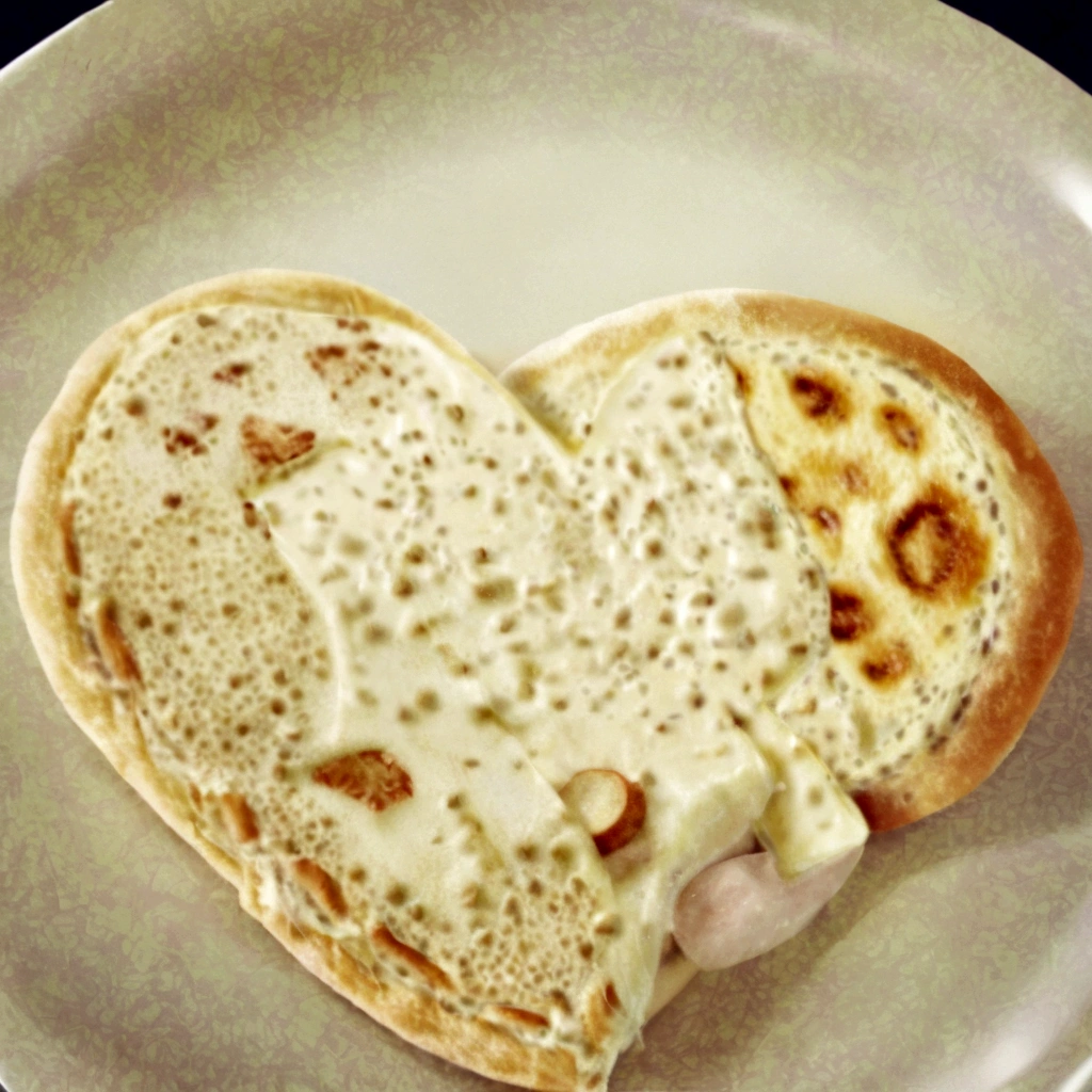there is a heart shaped piece of bread on a plate, bread, with bread in the slots, Toast, teeth between bread and patty, animal - shaped bread, slice - of - life, hearty breakfast, slice of life, strong pixar wheat warrior bread, mmmmm, pokemon type bread, shaped like a cinnamon roll, yum, Delicious