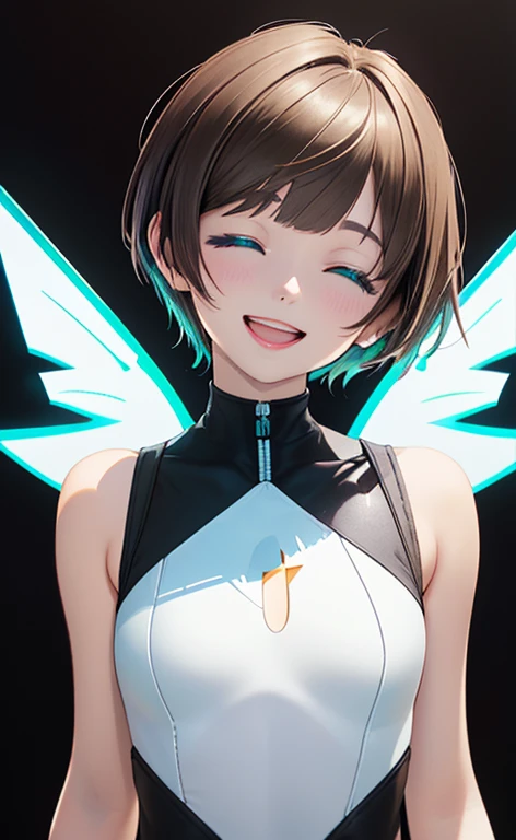 (Photorealistic:1.4)、(,20-year-old:1.5),(masterpiece、Blue lens flare:1.5、spot light:1.2、Exquisite beautiful eye:1.5,portlate),(kind eyes、tareme:1.9),(Black light:1.5)、Cute Face、 3D Face、(light brown hair:1.5)、(pixie cut:1.5),(sidelock :1.5),(blunt bangs:1.3),(1 woman)、(aqua eyes:1.2)、(upper body:1.5)、(Open mouth happy smile:1.5)、(closed eyes:1.3),(head tilt) ,(Cute face:1.2),(flat chest),(),kind face,(white Bodysuit with (star shape cut out1.5)),(black background:1.5)、()、()、 Neat and clean、Adorable、Demure,Slim Body(),Shiny Hair、()、Nijisketch,Manga,blacklight