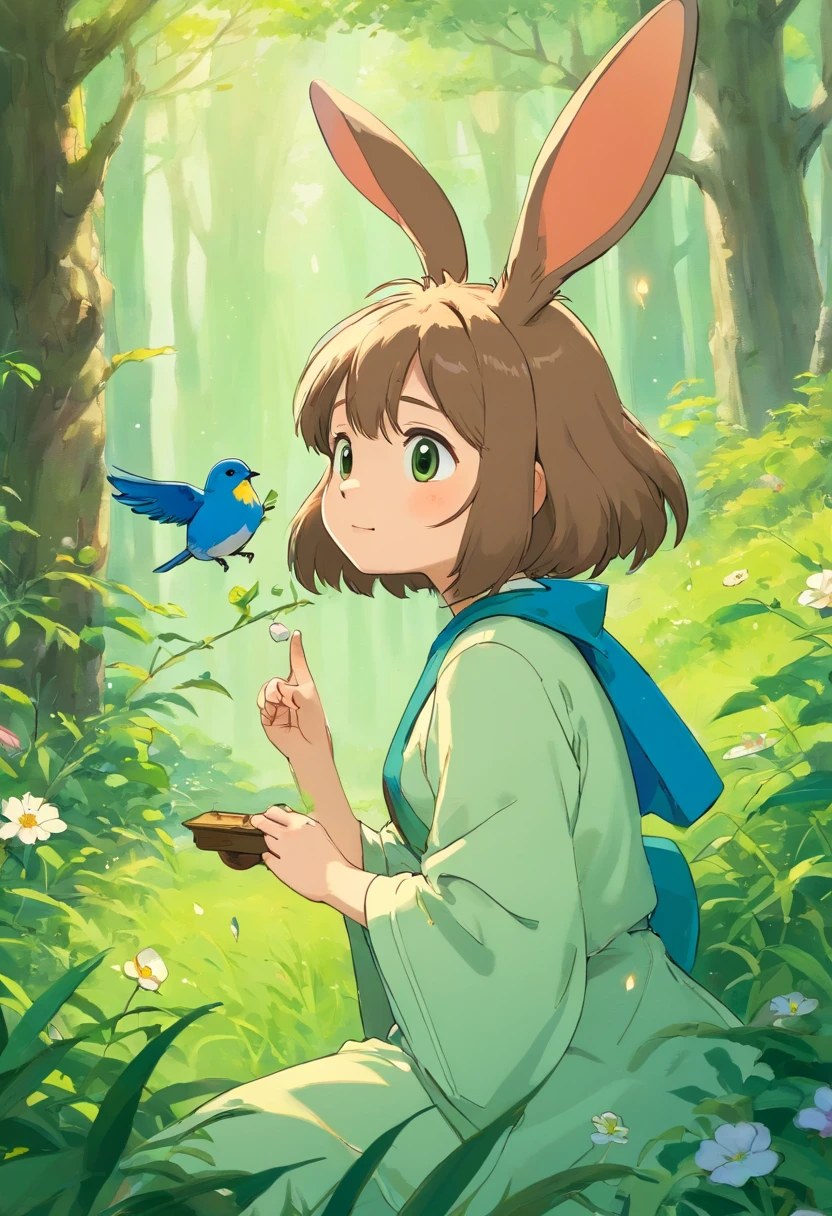 (Yellow Mahjong));(green forest),grassy fields,rios,fresh flowers,Black notes;Q version cartoon art style,Sparrow stands at the head of the branch,It is surrounded by green forests, a brown lop-eared rabbit, and a small blue bird.