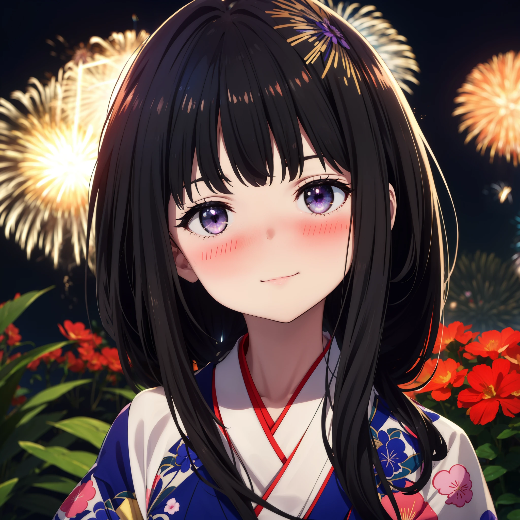 Takiuchi, Check it out, Long Hair, bangs, Black Hair, (Purple eyes:1.2),Flower Hair Ornaments,hair tied back,smile,blush,Embarrassing,Blue Kimono,Sandals,日本のfestival,夏festivalの屋台、Red lantern,Fireworks in the night sky,Fireworks,The place is a fireworks display,Time is night,whole bodyがイラストに入るように,Looking up from below、
break outdoors, festival,
break looking at viewer, whole body,
break (masterpiece:1.2), highest quality, High resolution, unity 8k wallpaper, (figure:0.8), (Beautiful fine details:1.6), Highly detailed face, Perfect lighting, Highly detailed CG, (Perfect hands, Perfect Anatomy),