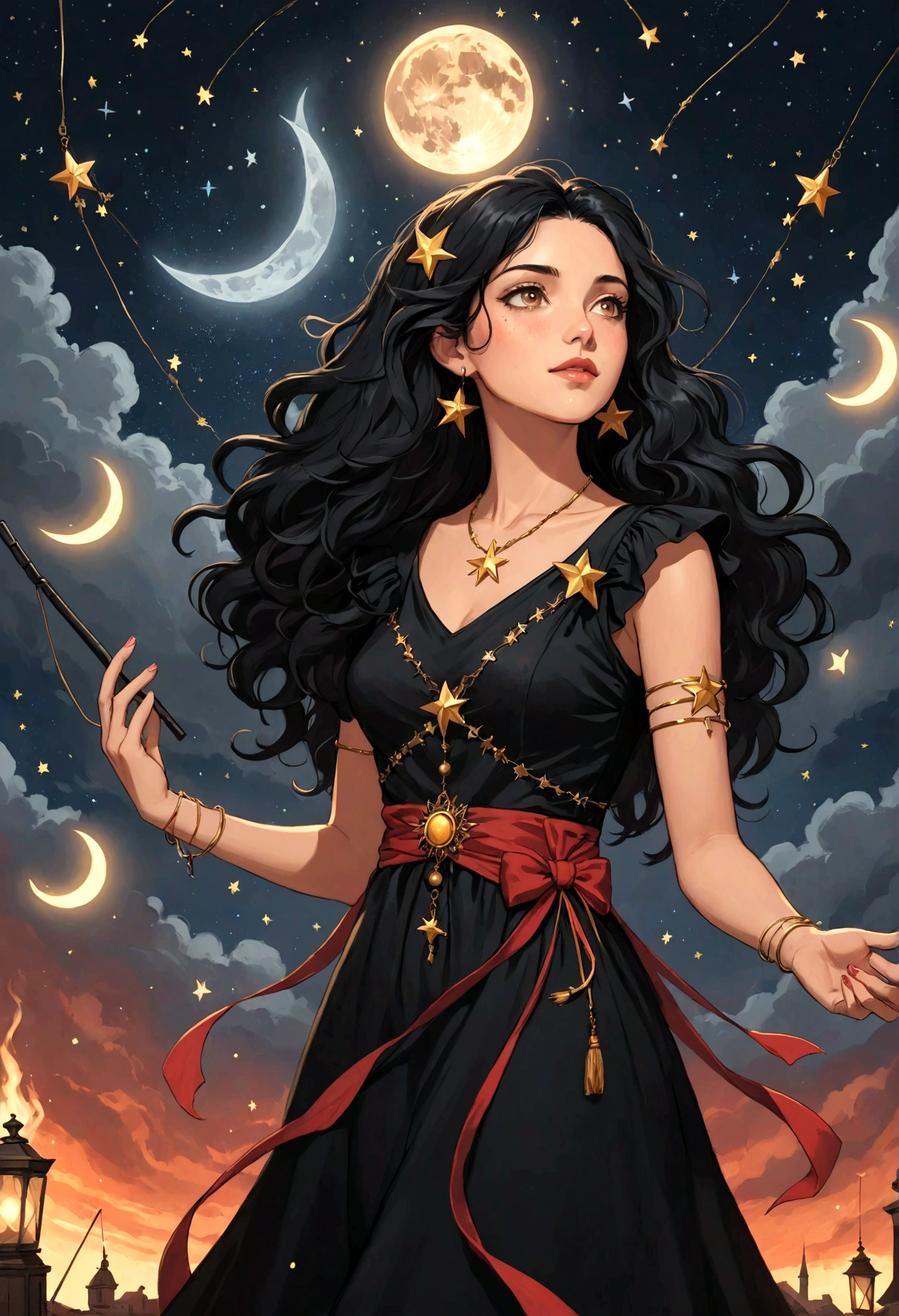 Um desenho representando uma garota com longos cabelos pretos e cacheados, wearing a long black dress decorated with stars and moon symbols. Ela tem olhos vermelhos radiantes e um sorriso maligno. She holds in her hand a long, espada afiada coberta de sangue. All around them are shooting stars, black clouds and broken solar lamps..