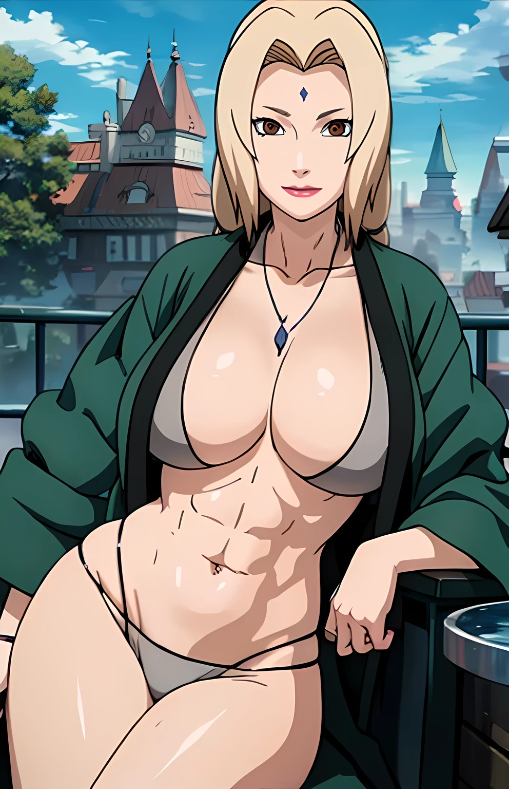 (huge tits), cleavage, good anatomy, masterpiece, best quality, 4k, 8k, professional photography, soft light, sharp focus, 1 girl, blonde hair, short blous,visible midriff ,(mountain), clouds, blonde hair, parted banks, detailed face+brown eyes, smile, closed lips, lipstick, windows,(full bodyshot), (deep navelshow :1.5),toned abs,(oval shaped deep and long navel), alluring poses,(front photo shoot)wears green rob