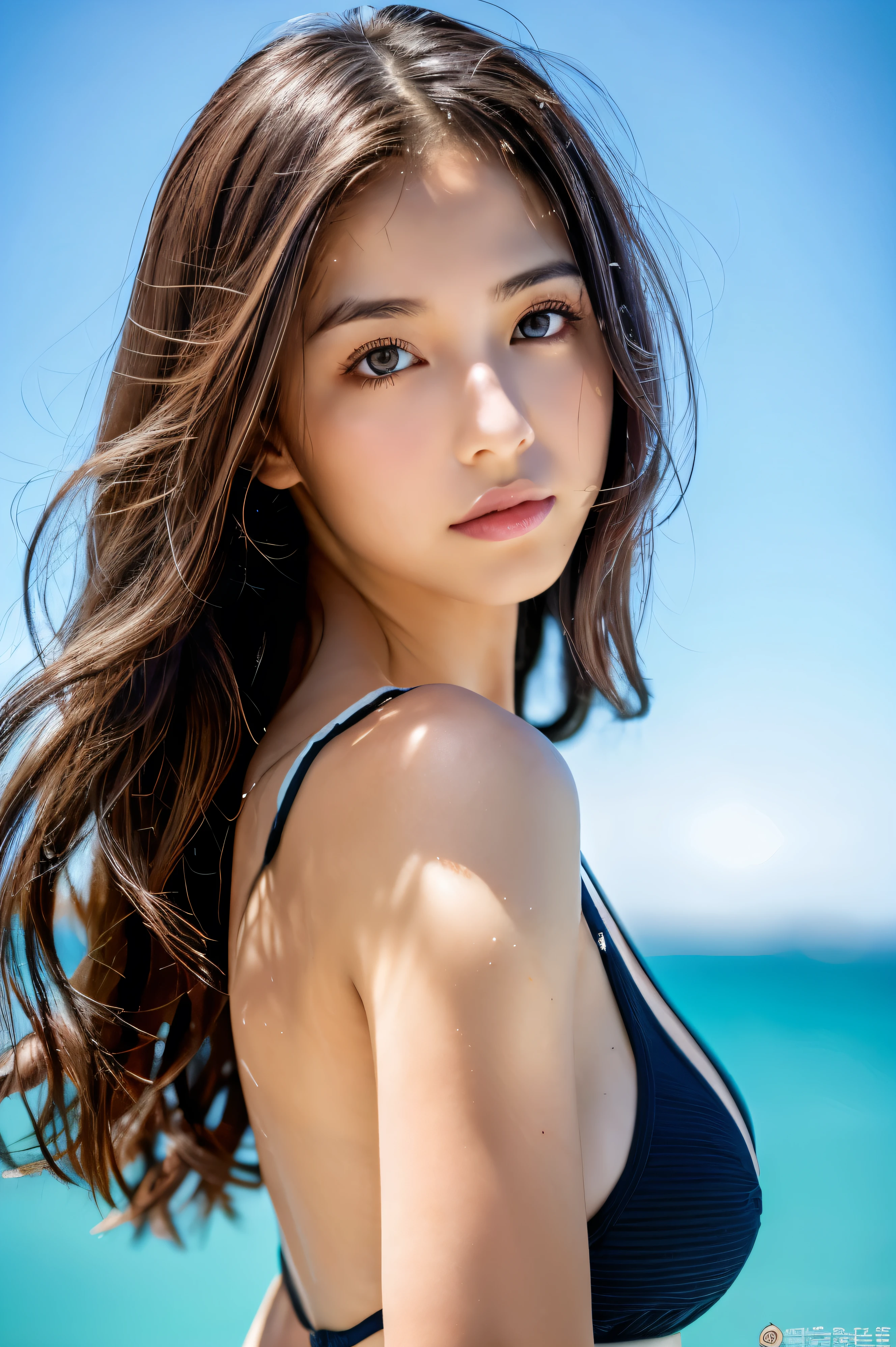 ((masterpiece)), ((highest quality)), ((High resolution)), ((Detailed Background)), (1 Girl), pretty girl, Long Hair, Brown Hair, black eye, ((Detailed face and eyes)), Wet lips, Shine, ((whole body)), Backlight, Slit eyes, Ample breasts, sea, Swimsuit, Mine Fujiko, Slender body,