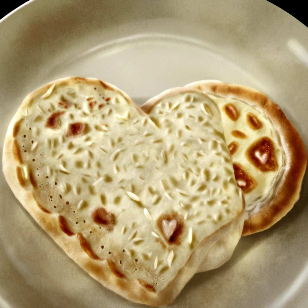 there is a heart shaped piece of bread on a plate, bread, with bread in the slots, Toast, teeth between bread and patty, animal - shaped bread, slice - of - life, hearty breakfast, slice of life, strong pixar wheat warrior bread, mmmmm, pokemon type bread, shaped like a cinnamon roll, yum, Delicious