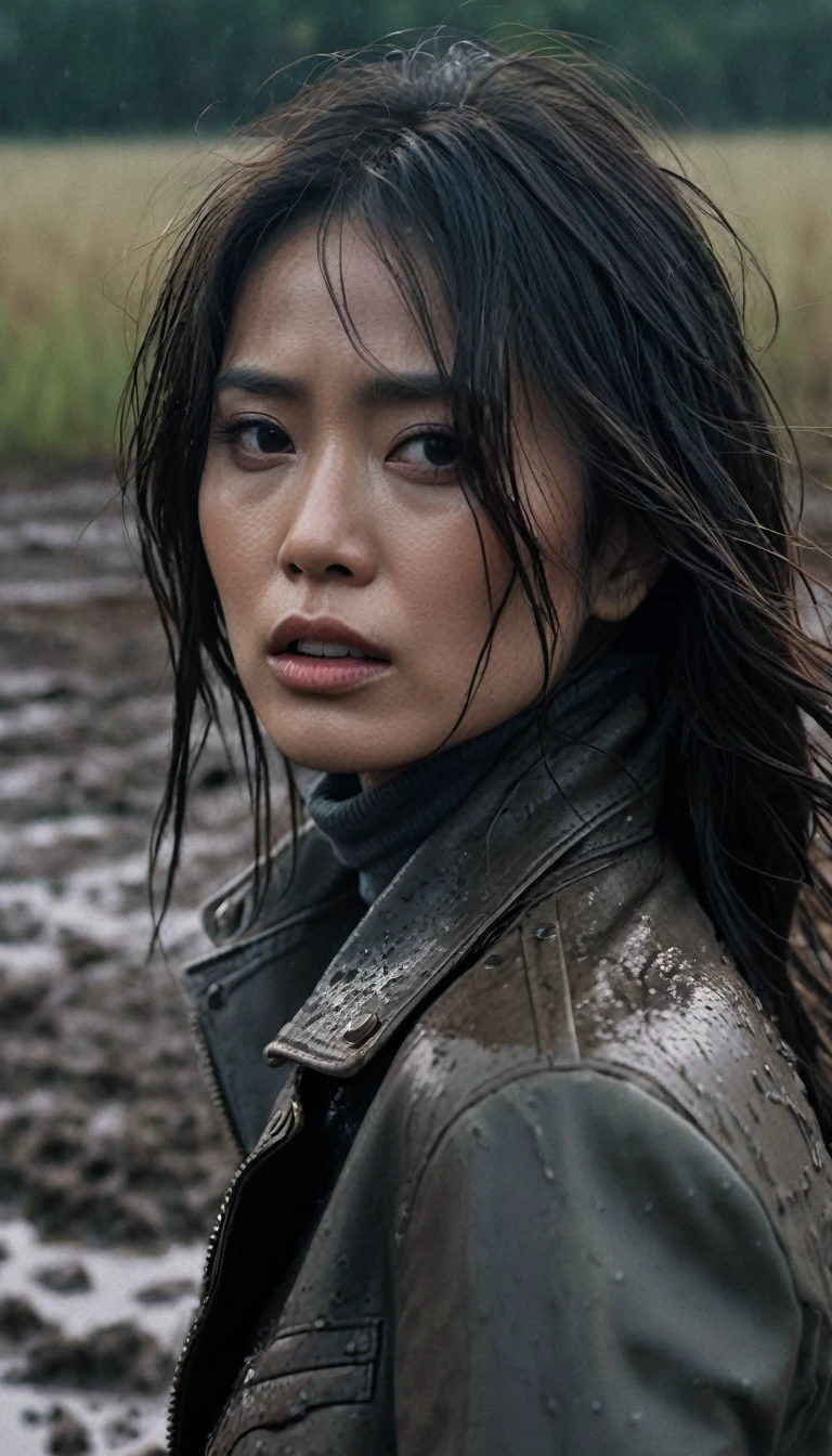 8k, ultra-detailed, documentary drama photo, grainy film photo, masterpiece,muted colors, muffled light, dusk, rainy, moody, noir, woman head completely swallowed in mud bog, shame expression, light turtleneck, faded leather jacket, beautiful long brunette hair, depraved outfit,asian:0.5,fetishistic makeup,