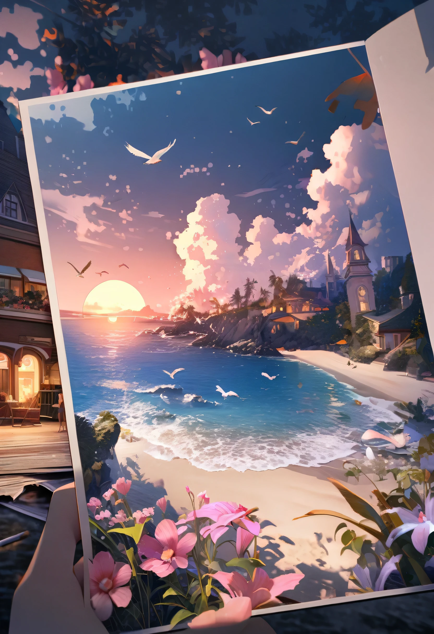 city, Flowers, A delicate scene, null, White cloud, The sun shines on the white beach. bird, pink Flowers and bright big shells, Diamond Crystal, At the Beach, Fantasy, night null, moon, cigarette, fire, photograph, High resolution, 8k, UHigh resolution, Super detailed, high quality, 1080p