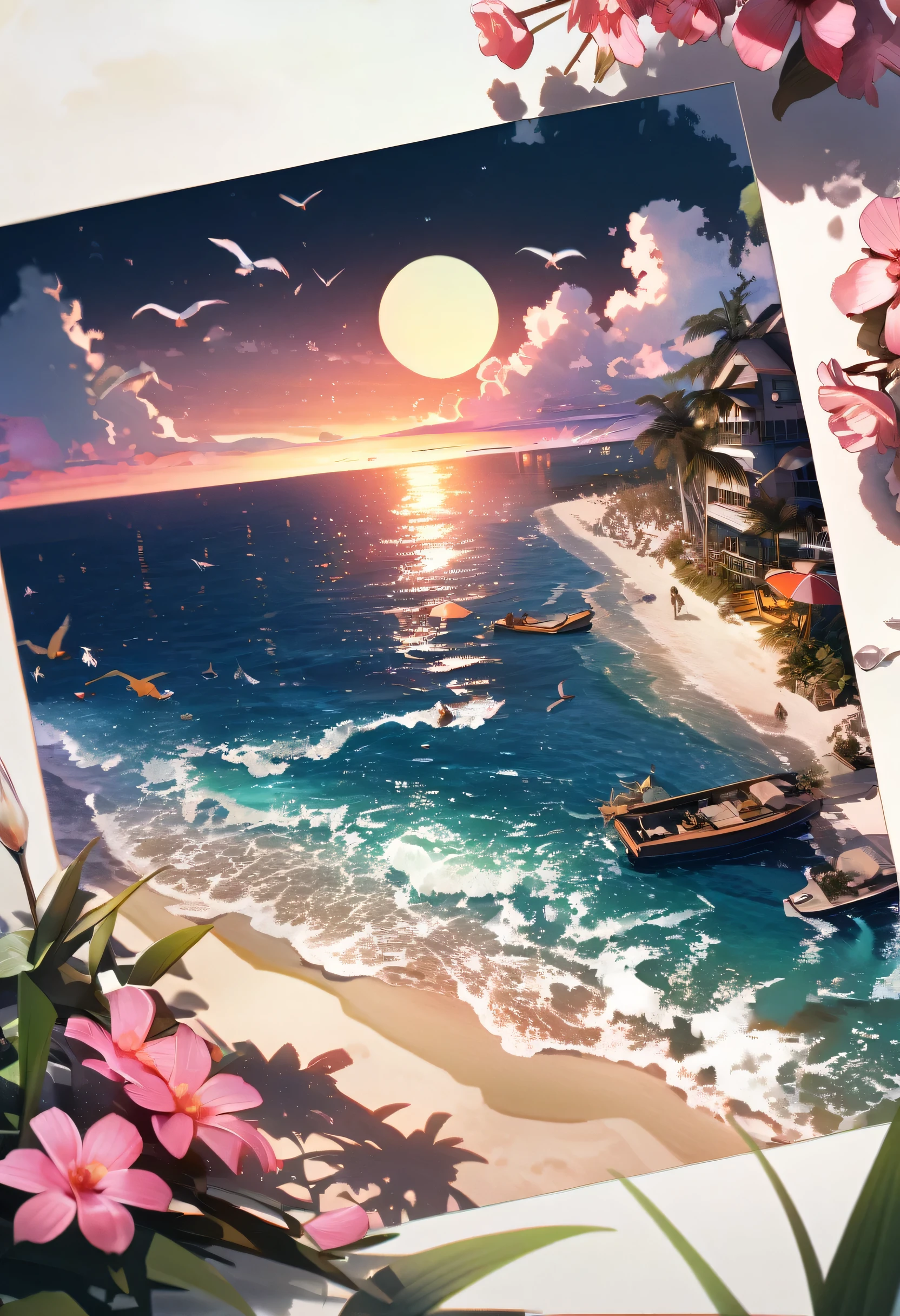 city, Flowers, A delicate scene, null, White cloud, The sun shines on the white beach. bird, pink Flowers and bright big shells, Diamond Crystal, At the Beach, Fantasy, night null, moon, cigarette, fire, photograph, High resolution, 8k, UHigh resolution, Super detailed, high quality, 1080p  