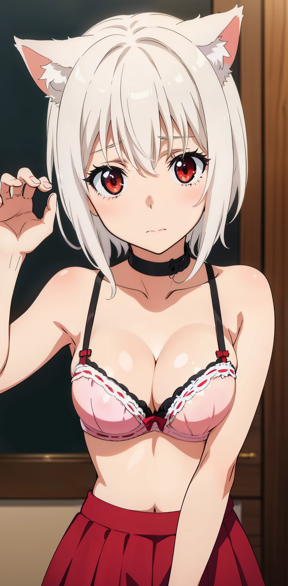 Best Quality, (Masterpiece:1.2), High Detailed, Cat Ears, 1girl, solo, tojo koneko, closed mouth, cowboy shot, red eyes, white hair, short hair, hair decoration, cleavage, black neckband, erotica, sleeveless, skirt, cum,cum on face, healthy skin, ((bra)), ((nsfw))