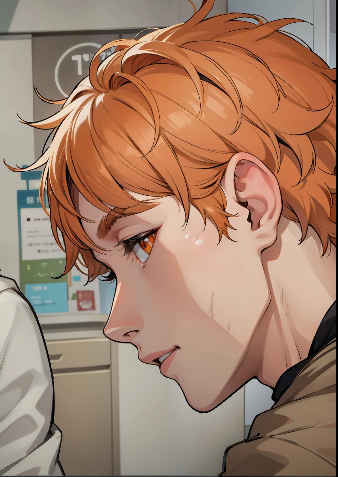 orange eyes cute 17 year old man is talking sadly