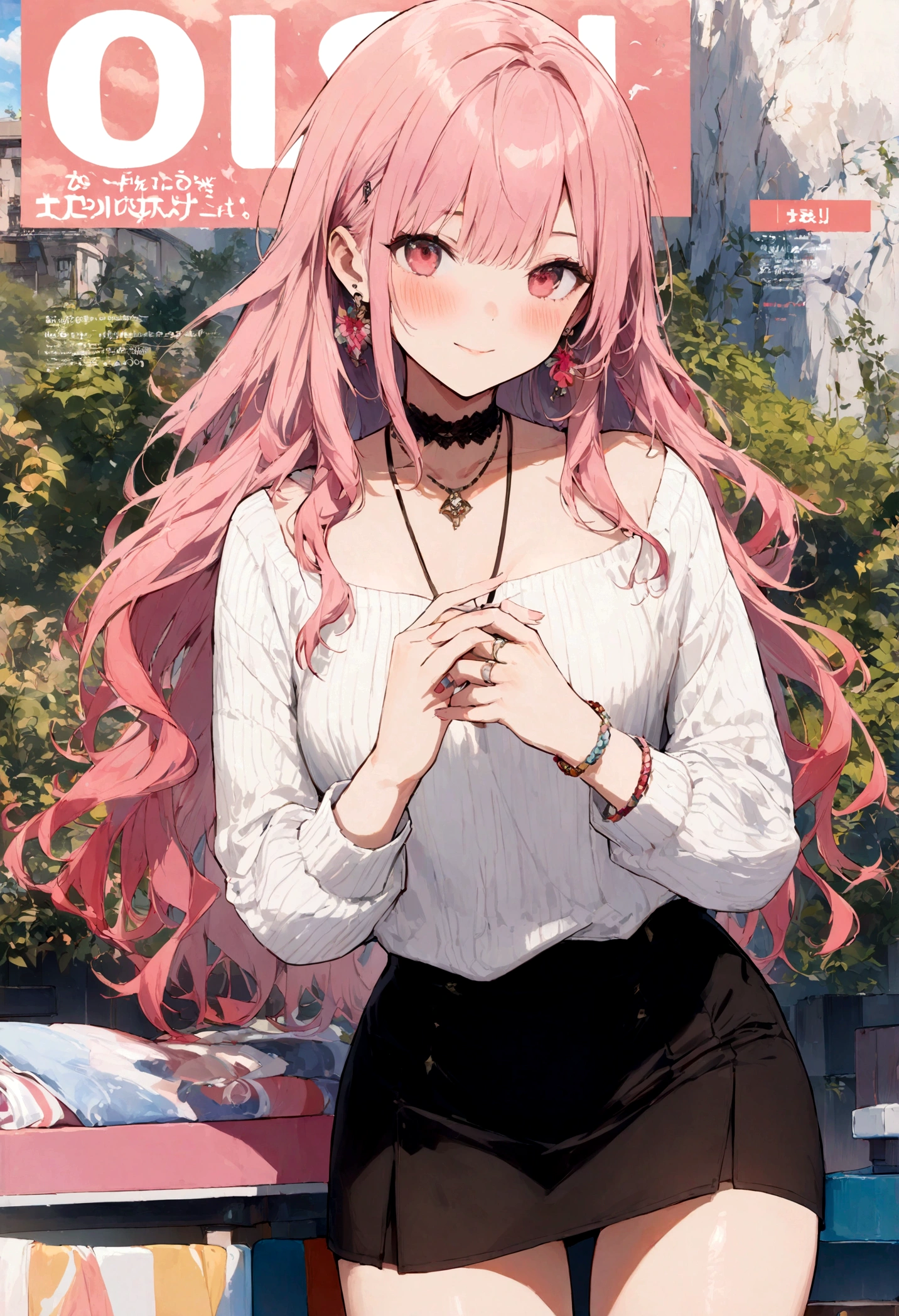 Enrai Fairyland、Chinese mythology、Colorfulの縁起の良い雲、 masterpiece, highest quality, whole body, 1girl, bangs, choker, necklace, Pink Hair, チェックskirt, blush, bracelet,, choker, Large sweater, clavicle, Cowboy Shot, Dress shirt, 耳Earrings, Colorful Hair, smile, Gal, jewelry, コGal, Long Hair, Looking at the audience, Earrings,プリーツskirt, Red eyes, ring, , skirt, smile, solo, garden, null, autumn leaves, Fallen leaves, figure, (magazine: 1.3), (coverスタイル: 1.3), elegant, woman, Vibrant, clothing, Pause, front, Colorful, Dynamic, background, element, confidence, Performance, Keep, statement, accessories, Majestic, rolls, Surroundings, touch, scene, text, cover, Bold, Eye-catching, title, stylish, font, Catchy, Heading, Bigger, Impressive, modern, It&#39;s fashionable, focus, fashion masterpiece, highest quality, (highest quality), ((masterpiece)), (High resolution), Creative, Highly detailed 8k wallpaper, (Very delicate and beautiful),((Detail face))、Beautiful eye for detail、Hair blowing in the wind、Messy Hair、Lens flare、 (magazine:1.3), (coverスタイル:1.3), It&#39;s fashionable, woman, Vibrant, Costume, Pause, front, Colorful, Dynamic, background, element, confidenceに溢れています, Performance, Remaining, statement, accessories, Majestic, Coil, Surroundings, Touching, scene, text, cover, Bold, to attract attention, opening, stylishな, fontを, Catchy, Heading, big, Impressive, modern, trendy, pussyfocus, fashion,