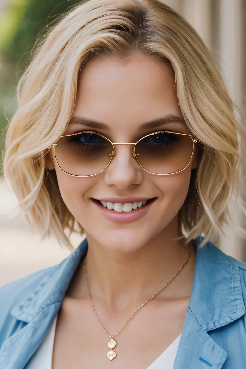 ２０A beautiful young woman、 White woman、Blonde Hair、Wavy Hair、Short Haircut、blue eyes、Ear piercing、Necklace around the neck、blouse、smile, Beautiful teeth alignment、Intricate details, Very detailed:1.2), 、 Looking at the camera,The background is the town、Misaligned sunglasses

