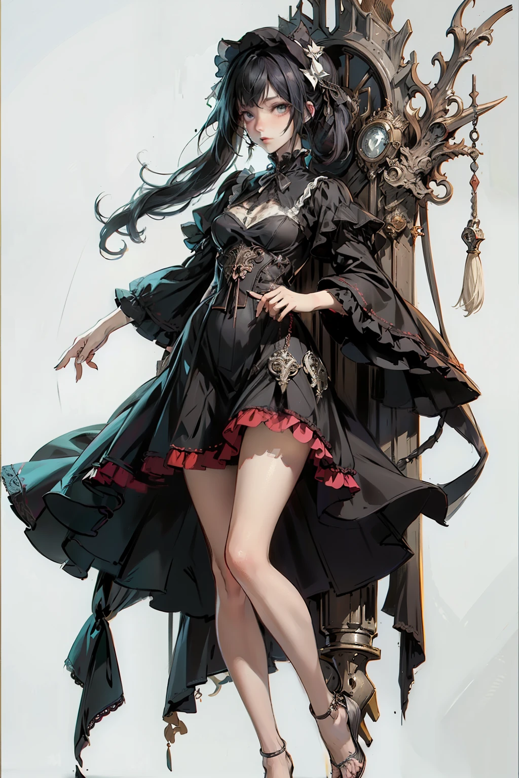 ((best quality)), ((masterpiece)), (detailed), blank white background, plain background, white background, Bloodborne inspired,  occult aesthetic, occult, detailed and intricate steampunk and detailed gothic, NSFW, Very dramatic and cinematic lighting, cosmic horror, grim-dark, side-lighting, perfect face, NSFW, Fluttering lace flared long knee length dress with frilly petticoats, knee length dress, pleated petticoats, ta dress, petticoats gothic loliside-lighting, gothic lolita aetic, beautiful small breasts, small breasts, full body, whole body, body, plain background, white background, blank background, no background, white background NSFW, full body, whole body, head-to-toe