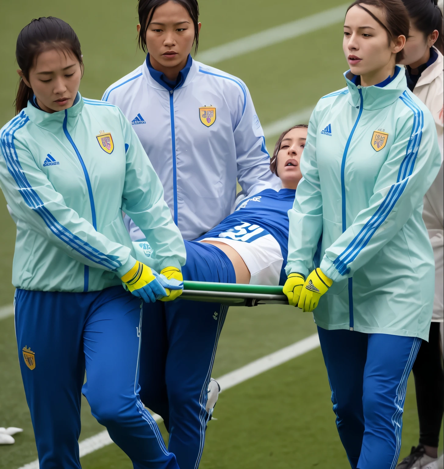 a soccer scene in a chinese sports stadium, rainy weather, wet ground, rainfall, injury scene in a sports stadium, stretcher carry, there are four female medics in wet raincoats who carrying a stretcher, there are four female medics in wet raincoats who are carrying a stretcher in a rainy sports stadium, there is a wounded male soccer player in a matte short cotton sports outfit lying on the stretcher, an injured male soccer player is lying on his back on a stretcher and is rearing up in agony, a soccer player is rearing up in pain while lying on his back on a stretcher, dramatic scene, theatralic posing scene, dramatic pity scene, injury soccer, first aid, help, pity, there are four female medics in shiny raincoats who are looking very sad and very terrified and very shocked, the injured soccer player is screaming out in pain while he is carried from the pitch on a stetcher through the rain