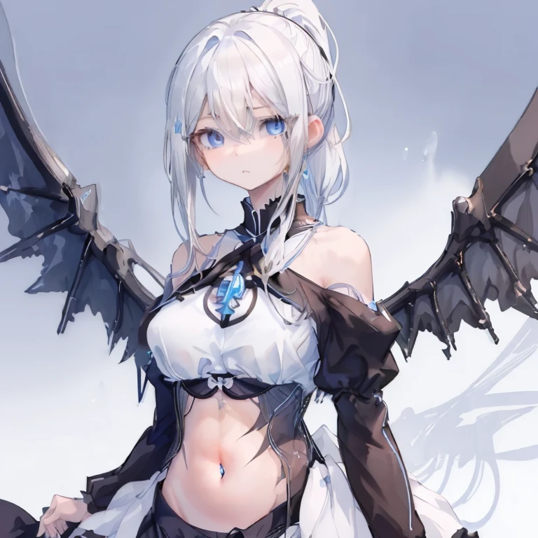 1 girl、Mature、Ample breasts、White Hair、Long Hair、ponytail、ハイponytail、Black Dress、Blue Eyes、Sharp Eyes、Expressionless、Shoulder Bare、Belly button、Black wings、Night view、High resolution、highest quality