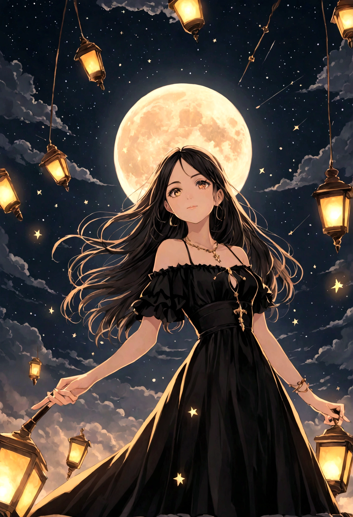 Um desenho representando uma garota com longos cabelos pretos e cacheados, wearing a long black dress decorated with stars and moon symbols. Ela tem olhos vermelhos radiantes e um sorriso maligno. She holds in her hand a long, espada afiada coberta de sangue. All around them are shooting stars, black clouds and broken solar lamps..