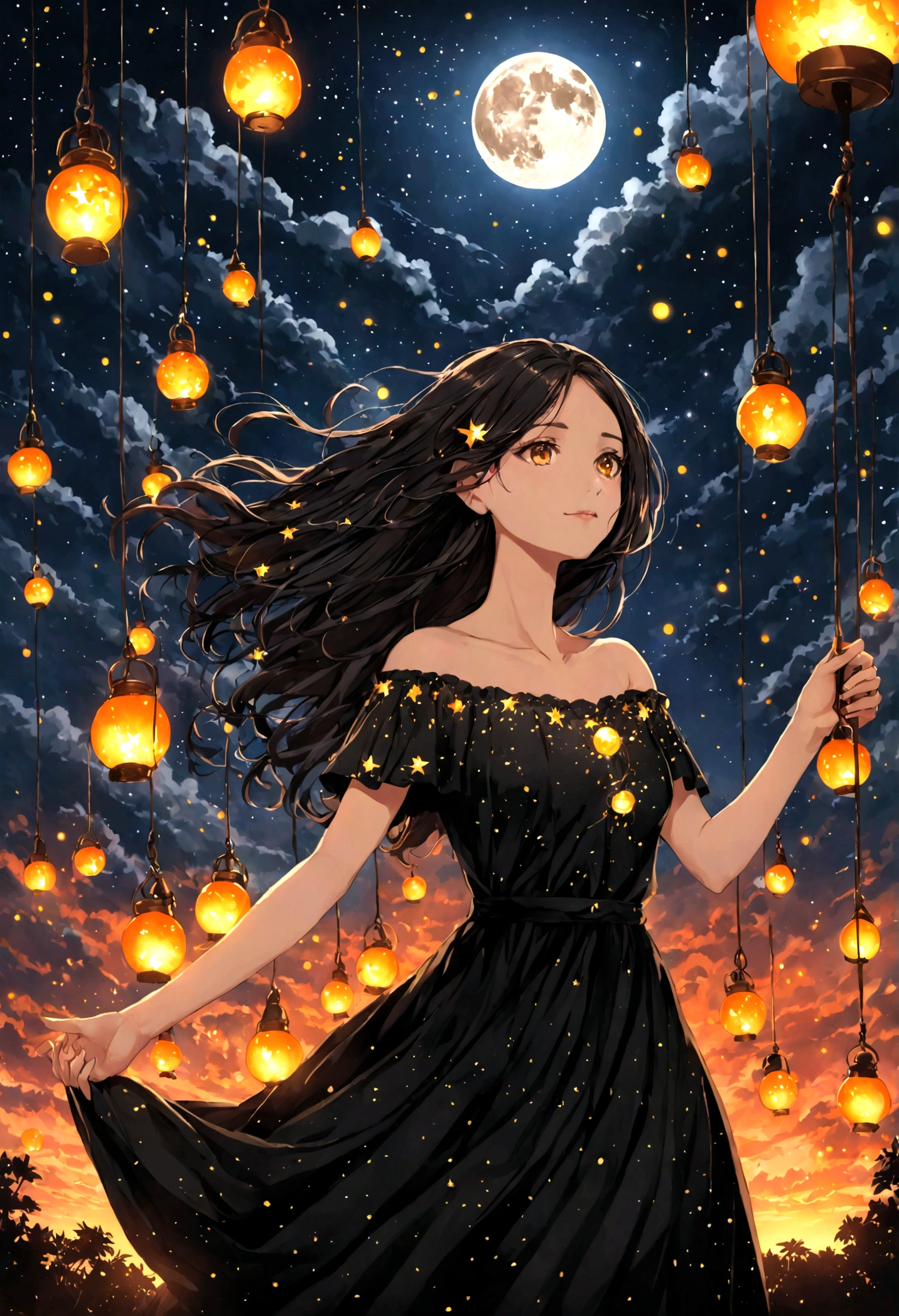 Um desenho representando uma garota com longos cabelos pretos e cacheados, wearing a long black dress decorated with stars and moon symbols. Ela tem olhos vermelhos radiantes e um sorriso maligno. She holds in her hand a long, espada afiada coberta de sangue. All around them are shooting stars, black clouds and broken solar lamps..