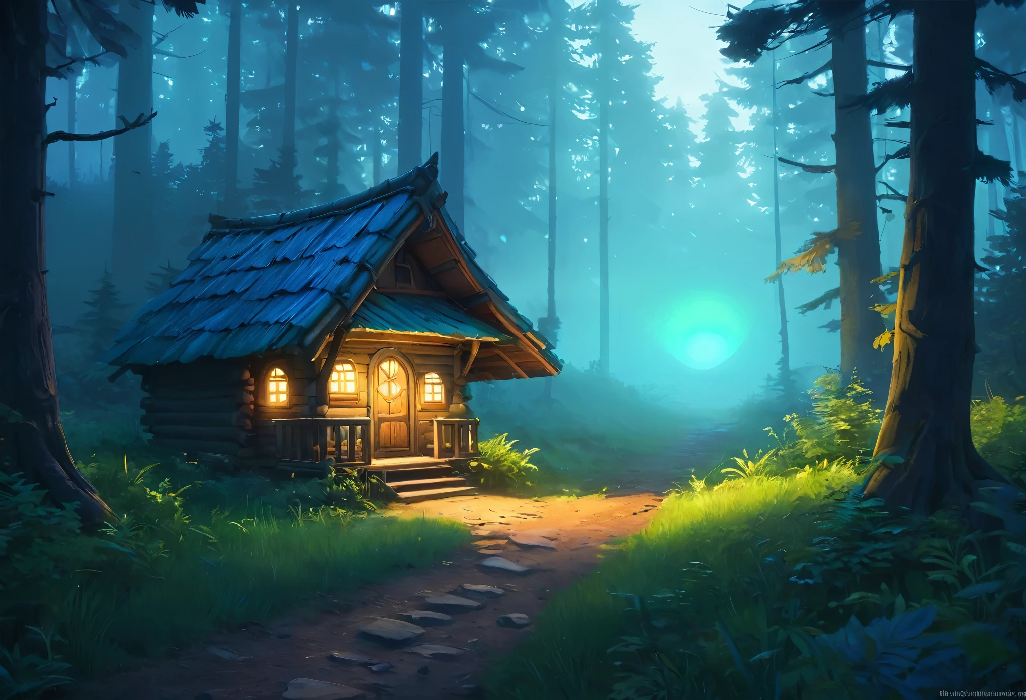digital painting, the forestная location с домиками, location, location из игры, location в the forestу с домиками, small huts, blue and green glow, игровая location, голубая location, location в теплых, fog in the background, игровая location, cute style, большая location, glowing effects in the background, fog in the foreground with glow effects, colorful, No characters, no characters, только location, cute style, anime style, the forest, the forestная location