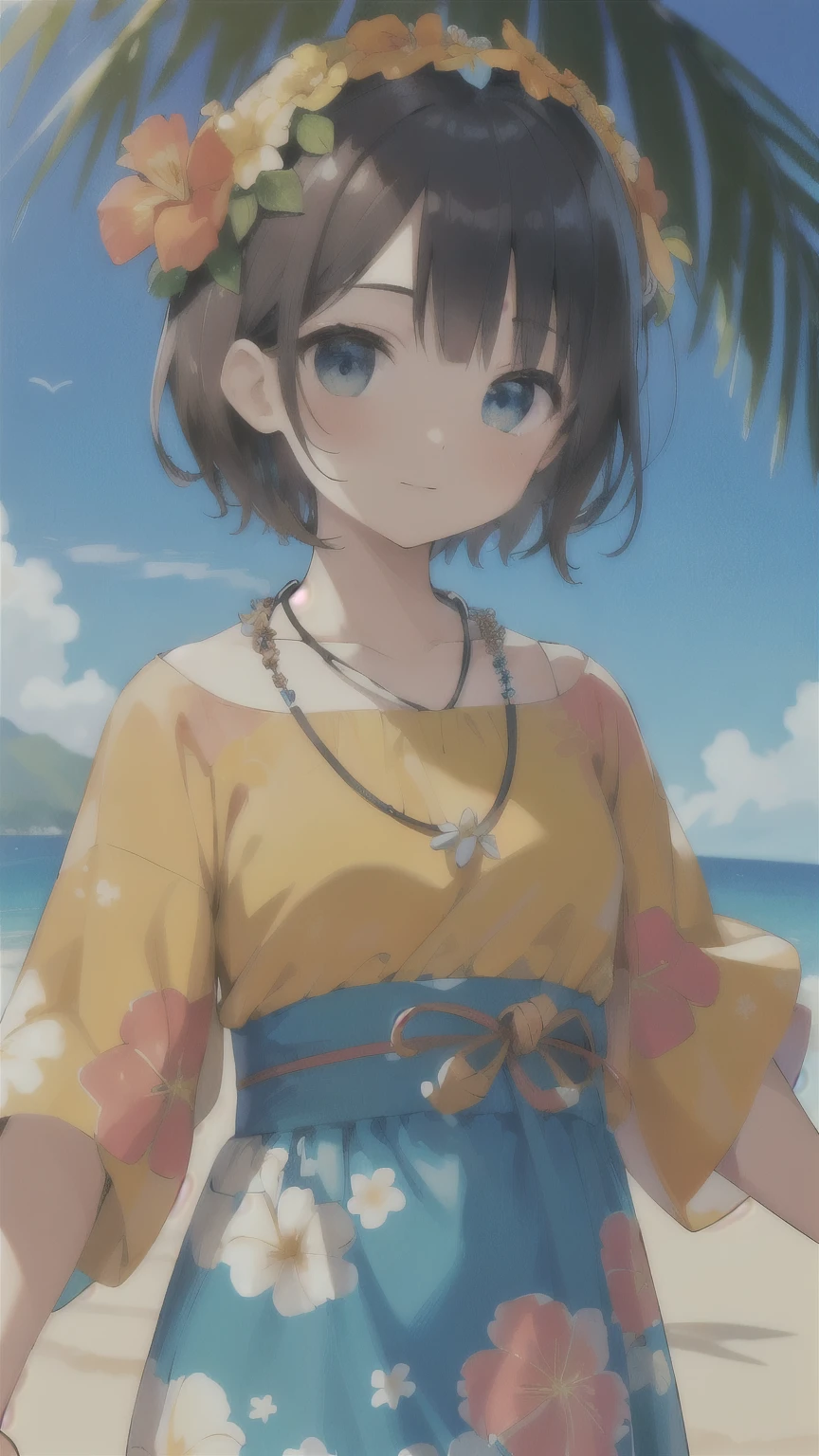 ((best quality)), ((masterpiece)), (detailed face and eyes:1.2), perfect face, short hair, Wearing a muumuu, Hawaii, flower necklace, Hawaiian dress, Hawaiian lei around neck, flower on head, cowboy shot, at beach