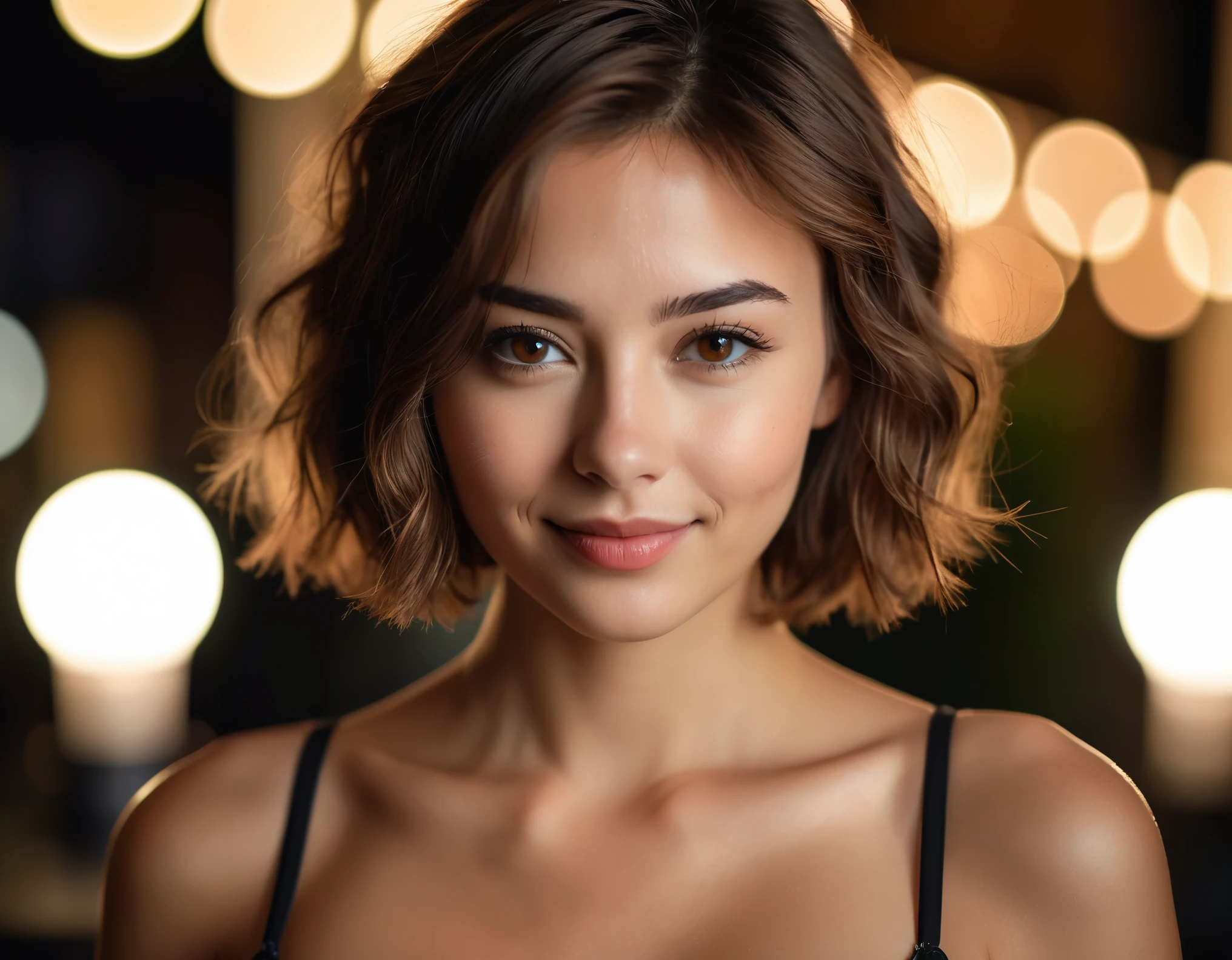 Night, RAW Photography, (((Very Beautiful Portrait))), (Very Beautiful Portrait))), 1 Girl, Sexy 25 Year Old Girl, ((Natural Brown Hair with Short Cuts)), [Brown Eyes],Gentle Smile Staring at the Camera(cleavage), ((Masterpiece, Best Quality, Ultra Detail, Cinematic Lights, Intricate Detail, High Definition, 8k, Very Detailed)), Detail Background, 8k UHD, DSLR, soft lighting, high quality, film grain, fujifilm XT3, shallow depth of field, natural light, perfect face