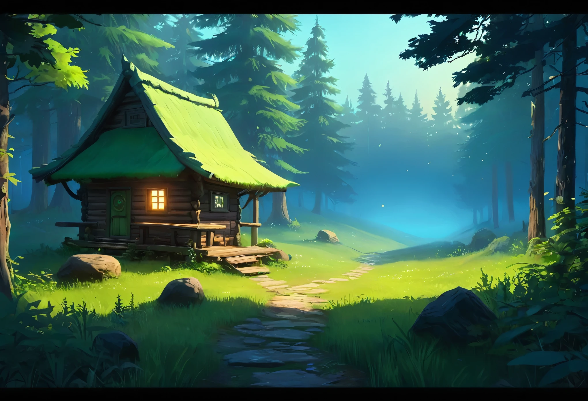 digital painting, the forestная location с домиками, location, location из игры, location в the forestу с домиками, small huts, blue and green glow, игровая location, голубая location, location в теплых, fog in the background, игровая location, cute style, большая location, glowing effects in the background, fog in the foreground with glow effects, colorful, No characters, no characters, только location, cute style, anime style, the forest, the forestная location