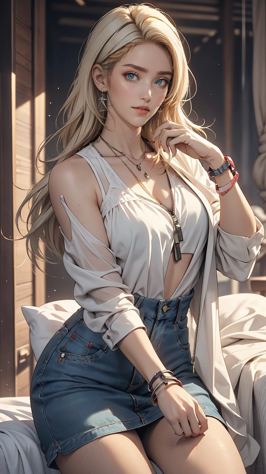 (8K, RAW Photos, highest quality, masterpiece:1.2), (Realistic, photo-Realistic:1.37)、Fashion model body type、Having her hair done、My chest is popping out、Wear accessories on your wrist、Wearing accessories on the ankle、smile、White woman、Platinum Blonde、blue eyes、Two Side Up((hair two side up))、Wear a see-through high-neck zipper-up dress、Wear mules、smile