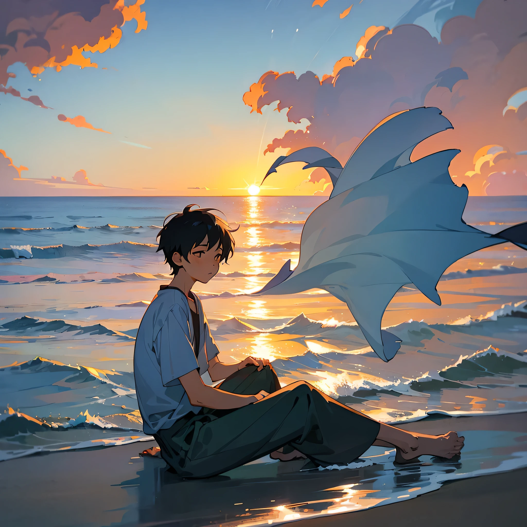 Studio Ghibli Style HMC, Illustrator, sad ,20 year old black boy, He was sitting on the beach watching the sunset over the ocean.