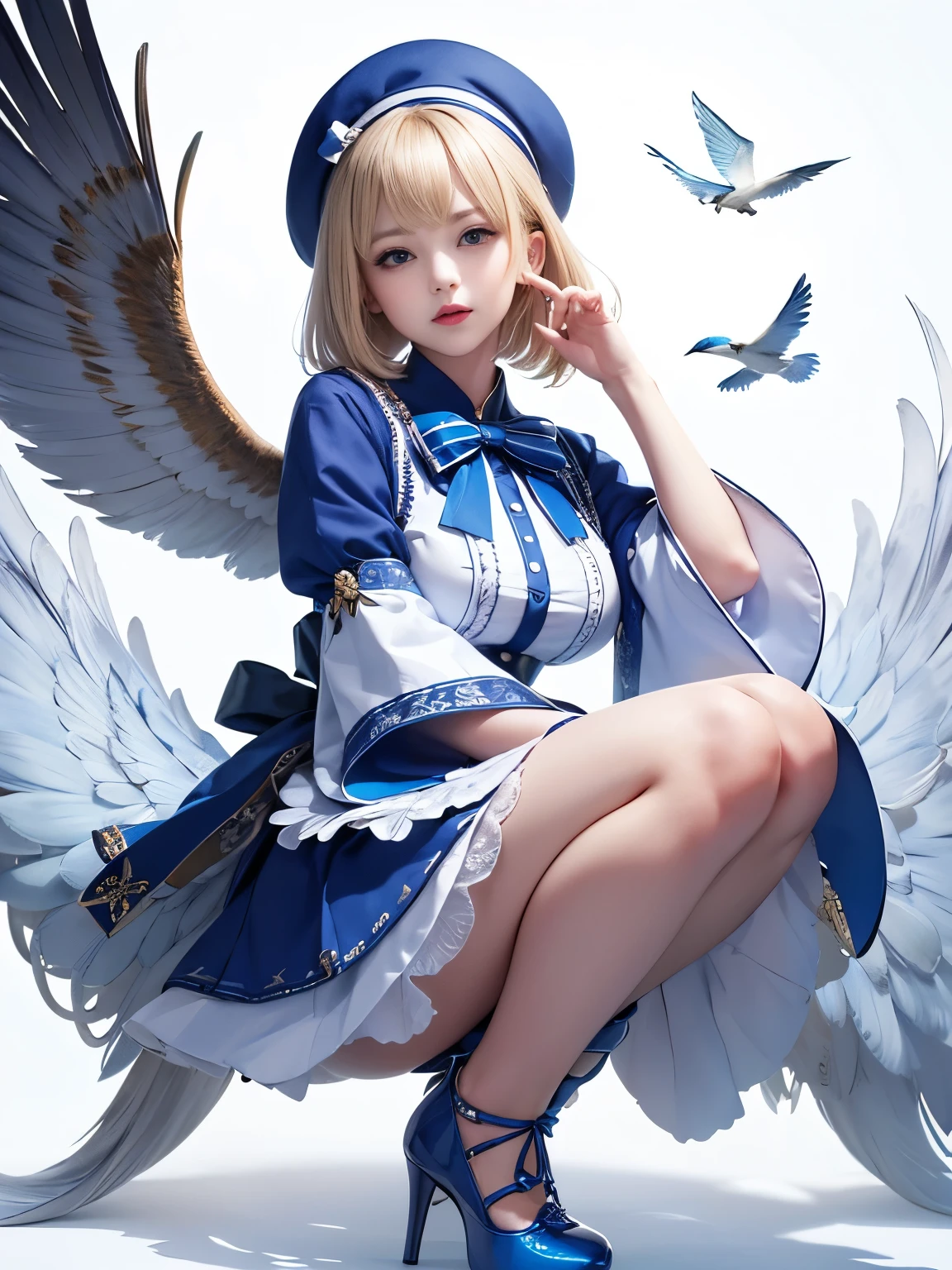 uekura, One girl, Blonde Hair, White Background, Have, dress, Blue footwear, wing, Simple Background, sign, flower, Manicure, Wide sleeves, Long sleeve, blush, animal, white flower, alone, whole body, bird, View Viewer, High heels, Put your hand on your cheek, put your hand on your face, Frills, bow, bangs, ribbon, Bell, Blue hat, +_+, shoes下, short hair, Grey Eyes, shoes, Blue Claws, feathered wing, Big Breasts, blue bow