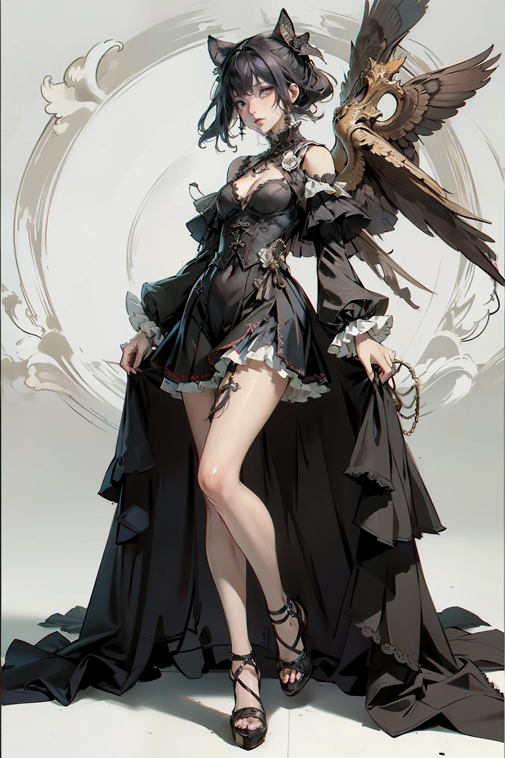 Standing A Pose,(mix Kiernan Shipka x Kristen kreuk faces), slim fit body, Anime stylized character like Genshin Impact, full body barefoot, character reference, Front and back views, Simple Grey Background,short pointed ears, (Large Full angel wings with iridescent colors),Dragon like horns