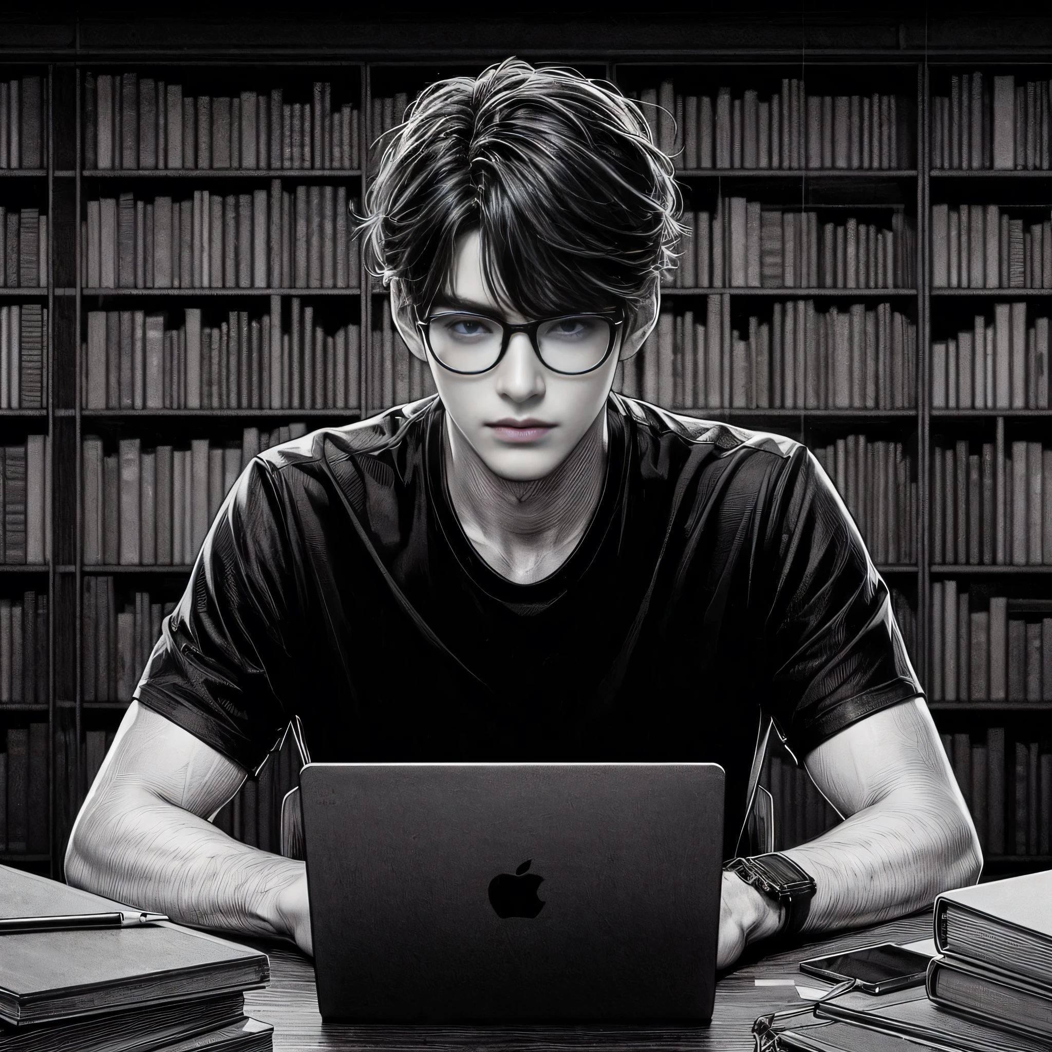 1male, black hair, glasses, wear black t shirt, realistic, masterpiece, ultra HD, detailed