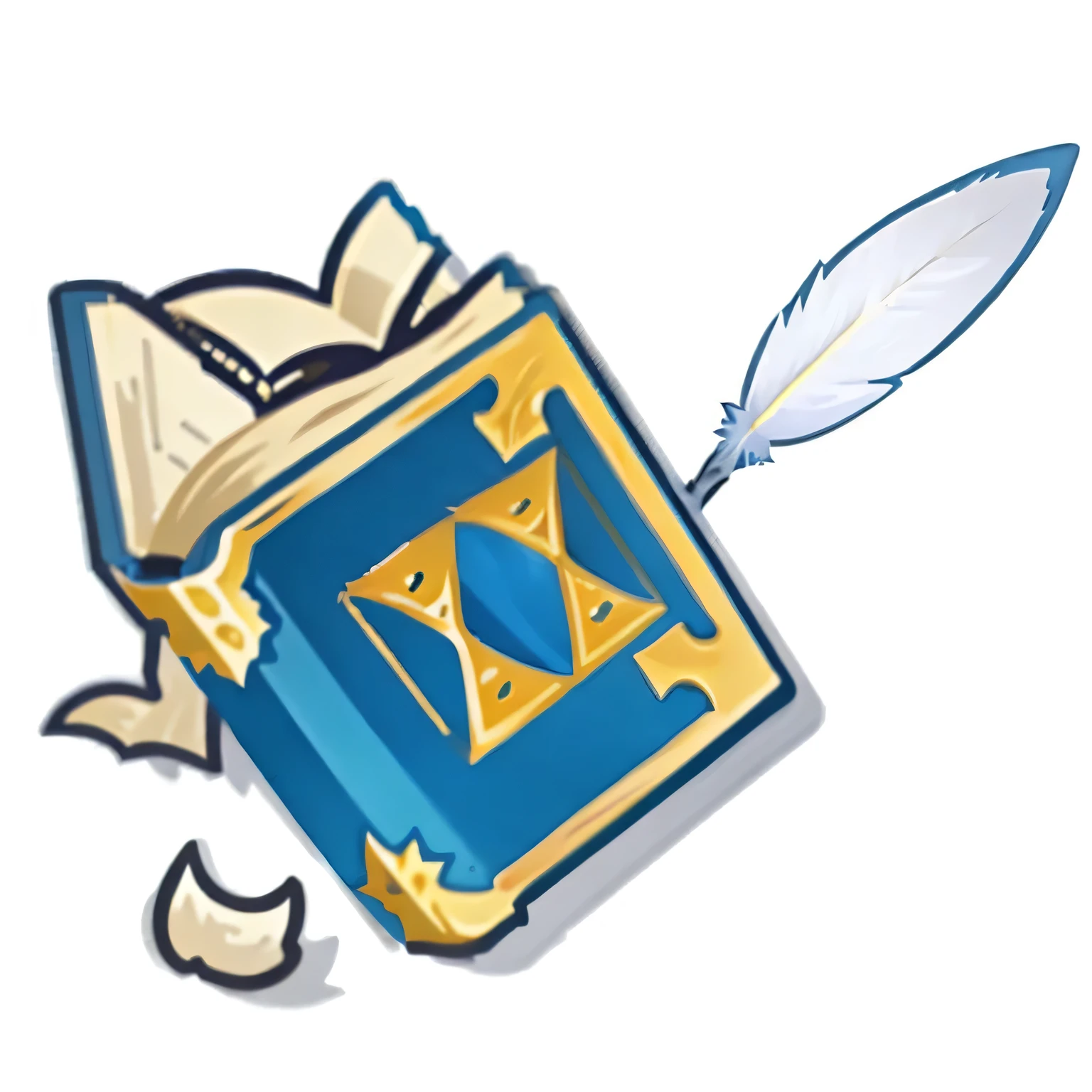 A blue book with feathers and a quill pen, world of warcraft spell icon, fantasy game spell icon, floating spellbook, grimoire, fantasy game spell symbol, magic spell icon, lightning mage spell icon, spellbook, lost grimoire, game icon stylized, Magic Book, Scholar, Avatar image, emblem of wisdom, item art, fantasy game spell,icon