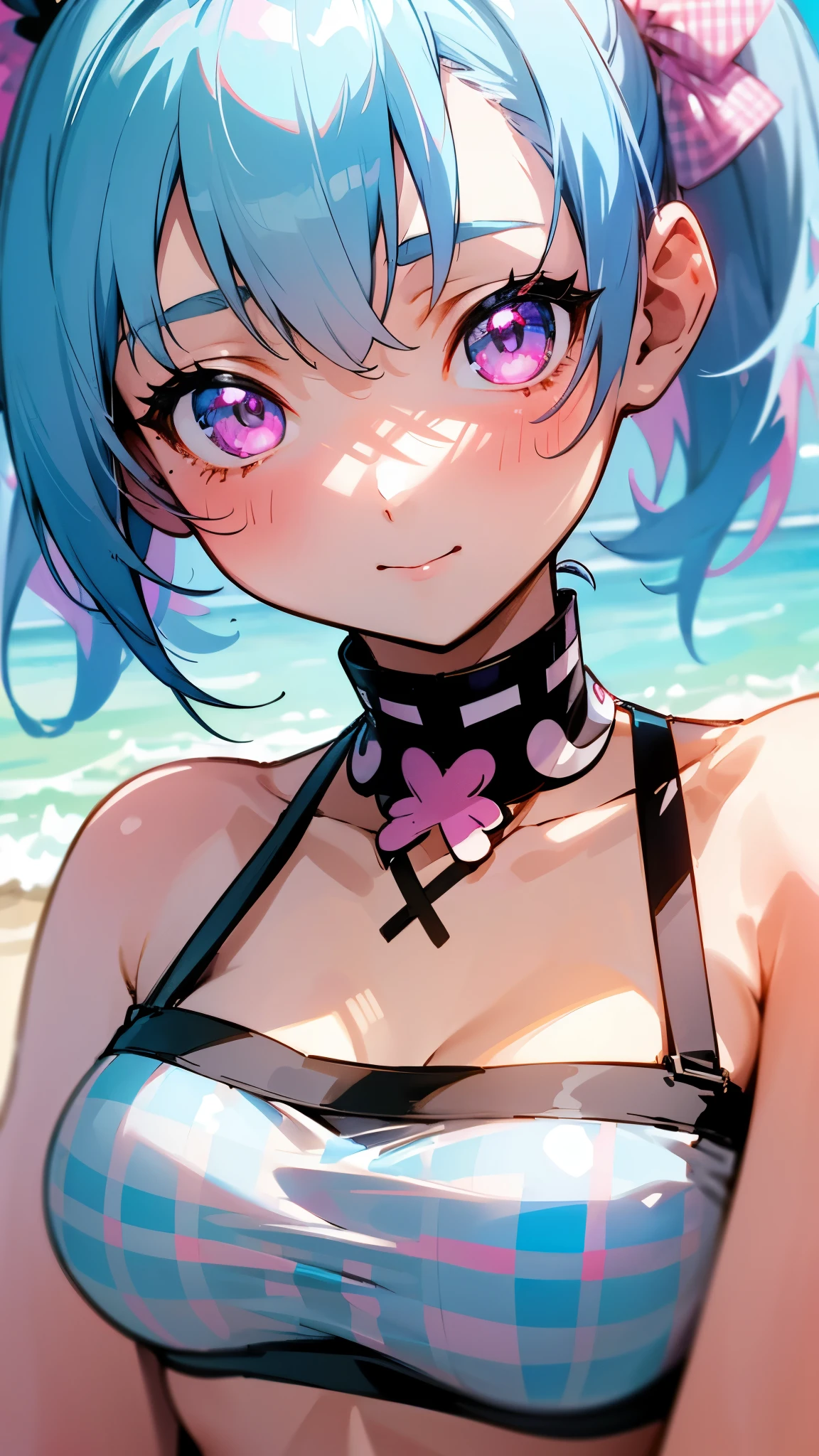 1 girl、8k、Sharp focus、(Bokeh) (highest quality) (Detailed skin:1.3) (Intricate details) (anime)、Light blue hair、Pink Eyes、Vibrant colors、black and white tube top bra、Gingham check tube top bra、My chest is a little visible、I was happy、Looks like a lot of fun、Upper body close-up、Sandy beach background