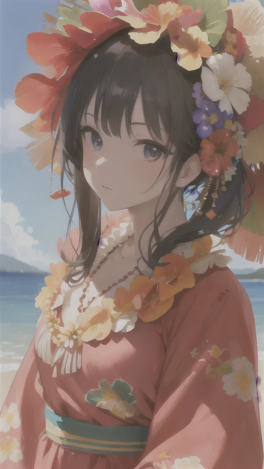 ((best quality)), ((masterpiece)), (detailed face and eyes), perfect face, Wearing a muumuu, Hawaii, flower necklace, Hawaiian dress, Hawaiian lei around neck, flower on head, cowboy shot, at beach, mature,