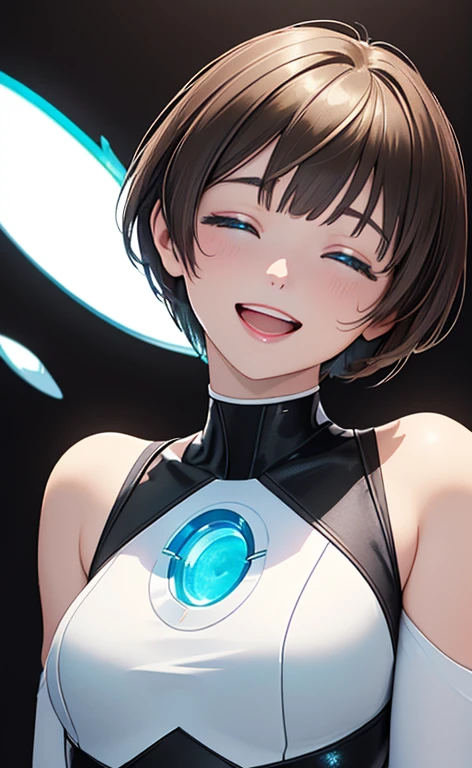 (Photorealistic:1.4)、(,20-year-old:1.5),(masterpiece、Blue lens flare:1.5、spot light:1.2、Exquisite beautiful eye:1.5,portlate),(kind eyes、tareme:1.9),(Black light:1.5)、Cute Face、 3D Face、(light brown hair:1.5)、(pixie cut:1.5),(sidelock :1.5),(blunt bangs:1.3),(1 woman)、(aqua eyes:1.2)、(upper body:1.5)、(Open mouth happy smile:1.5)、(closed eyes:1.3),(head tilt) ,(Cute face:1.2),(flat chest),(),kind face,(white Bodysuit with open chest1.5),(black background:1.5)、()、()、 Neat and clean、Adorable、Demure,Slim Body(),Shiny Hair、()、Nijisketch,Manga,blacklight