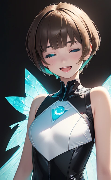 (Photorealistic:1.4)、(,20-year-old:1.5),(masterpiece、Blue lens flare:1.5、spot light:1.2、Exquisite beautiful eye:1.5,portlate),(kind eyes、tareme:1.9),(Black light:1.5)、Cute Face、 3D Face、(light brown hair:1.5)、(pixie cut:1.5),(sidelock :1.5),(blunt bangs:1.3),(1 woman)、(aqua eyes:1.2)、(upper body:1.5)、(Open mouth happy smile:1.5)、(closed eyes:1.3),(head tilt) ,(Cute face:1.2),(flat chest),(),kind face,(white Bodysuit with open chest1.5),(black background:1.5)、()、()、 Neat and clean、Adorable、Demure,Slim Body(),Shiny Hair、()、Nijisketch,Manga,blacklight