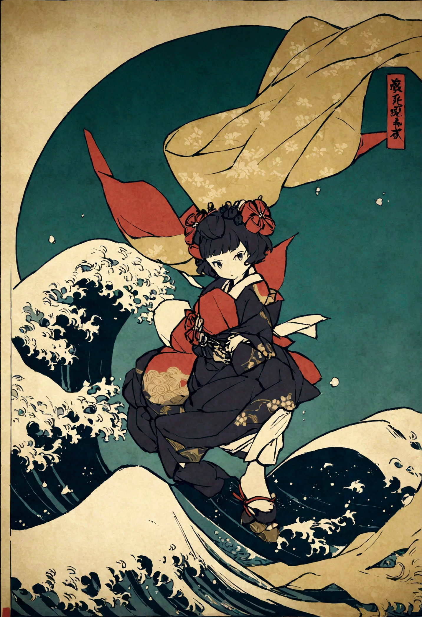 Best Quality, Hokusai's Style, Modern Ukiyo-e style, 踊る風god, (Floating cloth), Flying Drops、god社、god、Solemn