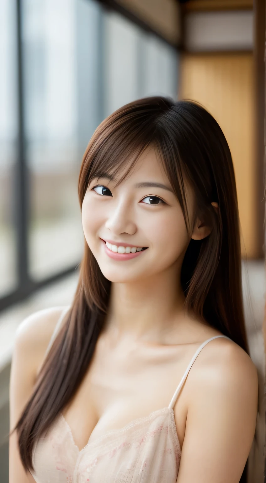 masterpiece,best quality,(Japanese ),((Beautiful girl)),cleavage,indoor,(perfect body beauty:1.2),(shy smile),beautiful teeth,
